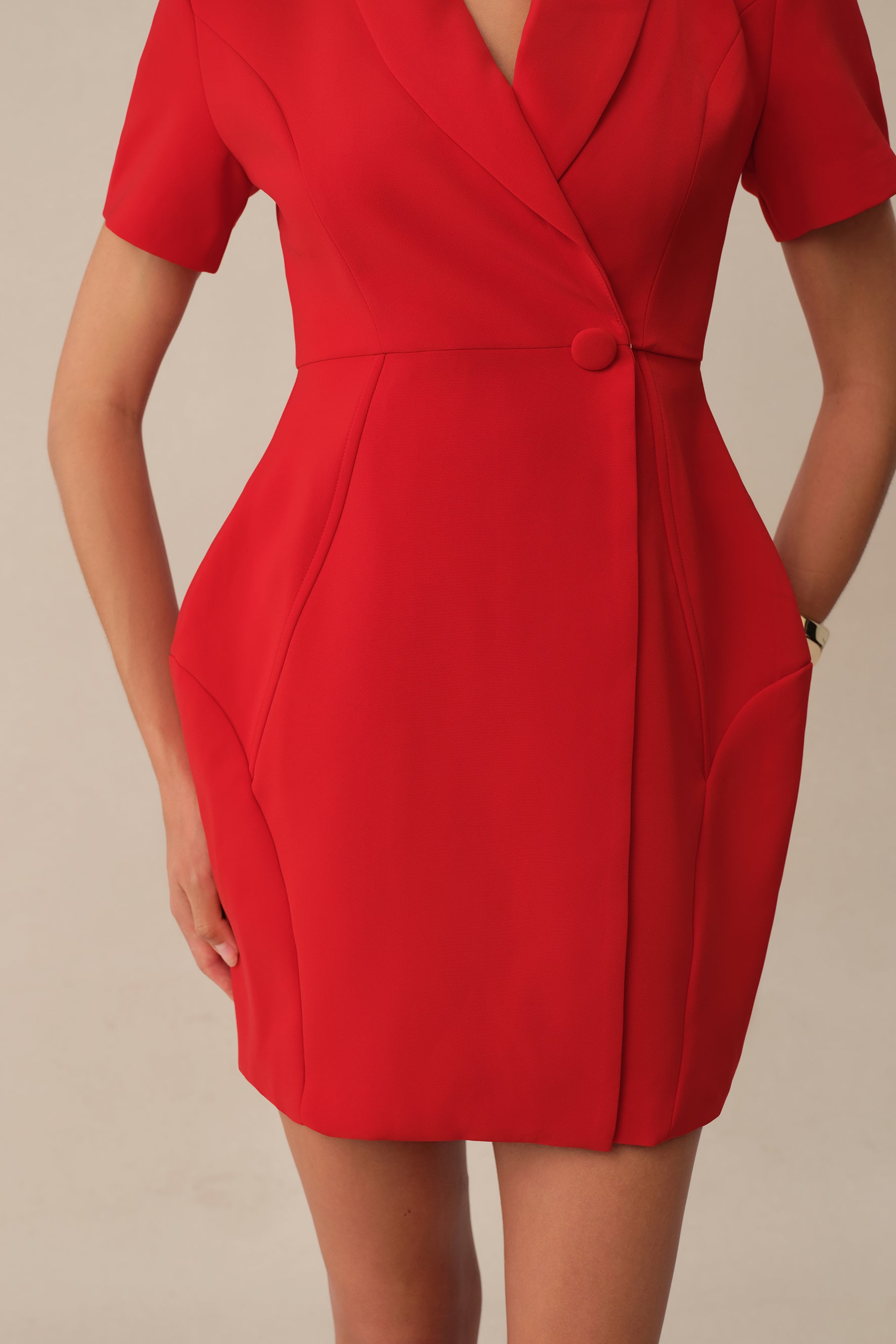 Own The Room Red Shawl Collar Short Sleeve Blazer Mini Dress