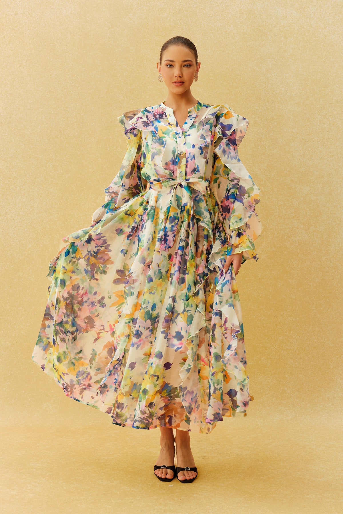 In Full Bloom Multi Floral Ruffle Long Sleeve Maxi Dress