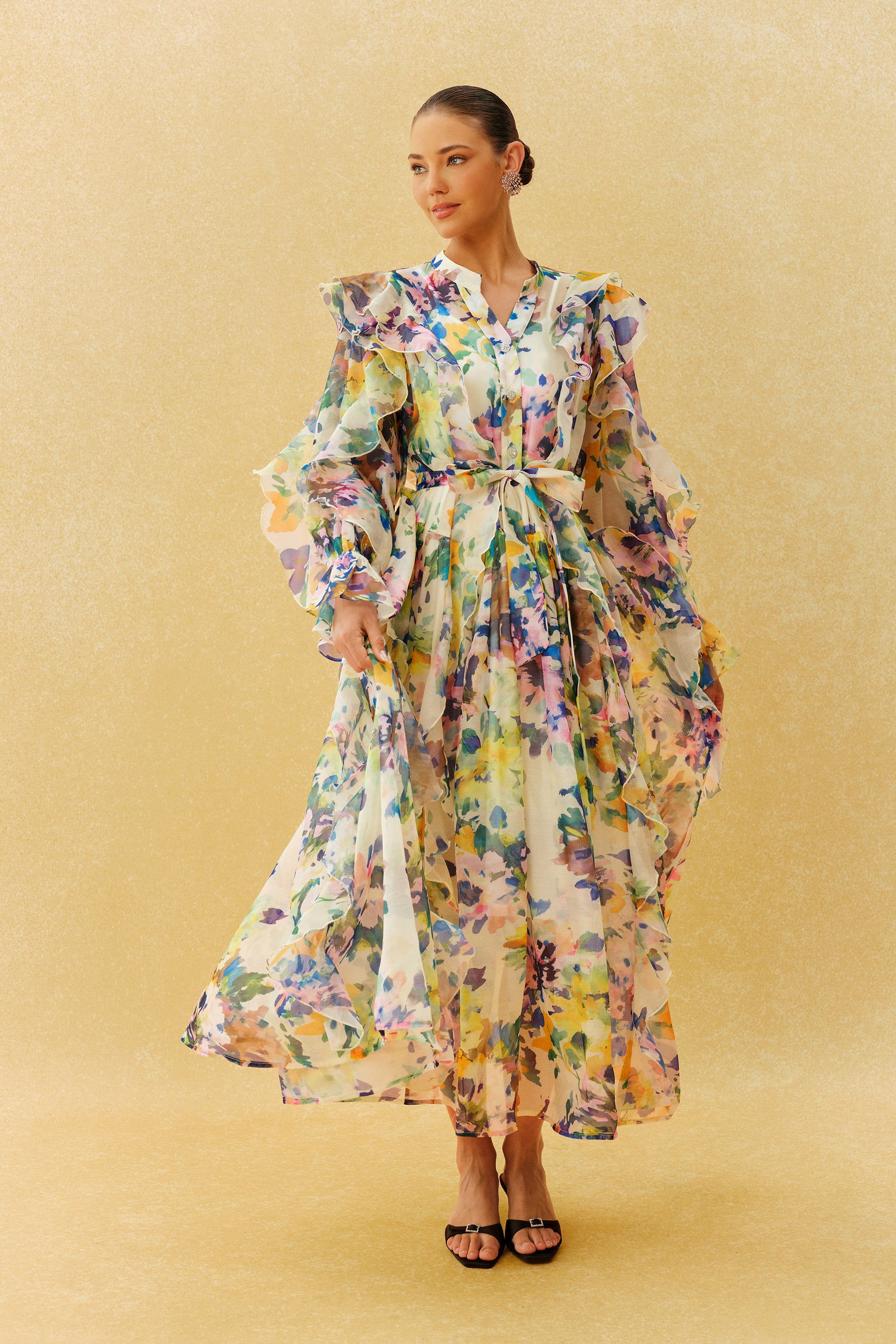 In Full Bloom Multi Floral Ruffle Long Sleeve Maxi Dress