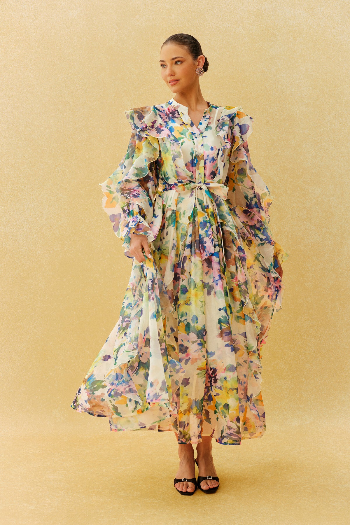 In Full Bloom Multi Floral Ruffle Long Sleeve Maxi Dress