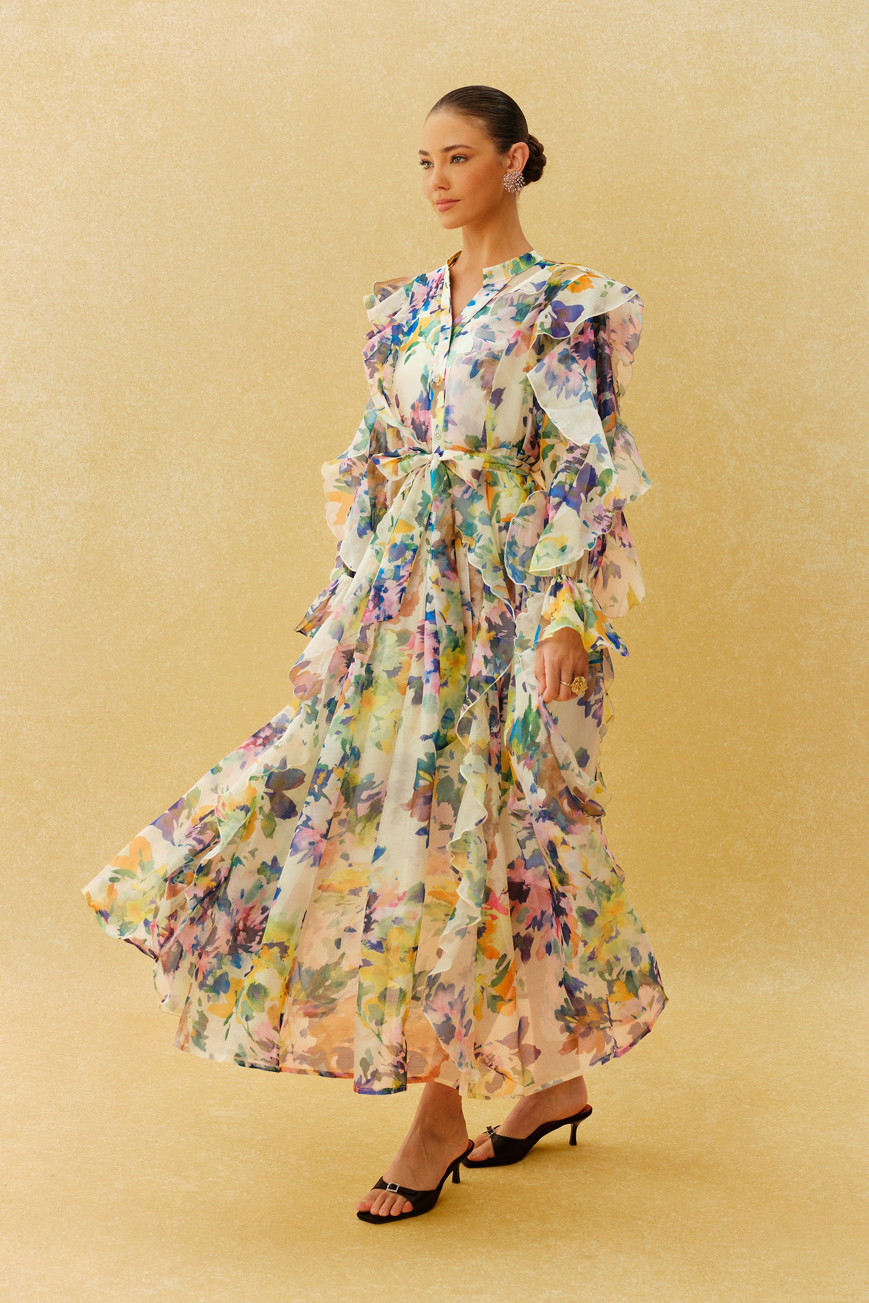In Full Bloom Multi Floral Ruffle Long Sleeve Maxi Dress