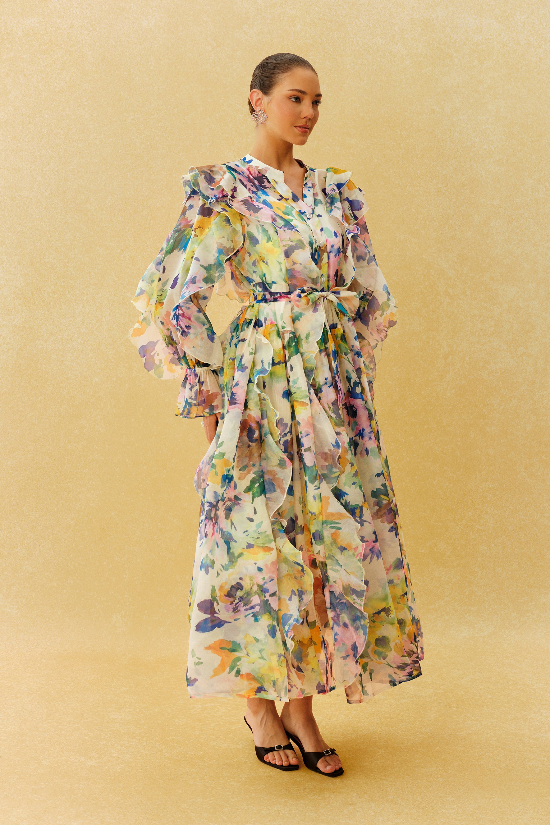 In Full Bloom Multi Floral Ruffle Long Sleeve Maxi Dress