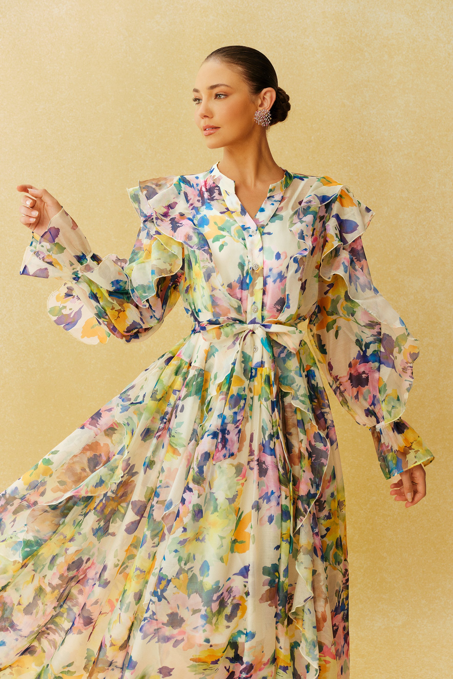 In Full Bloom Multi Floral Ruffle Long Sleeve Maxi Dress