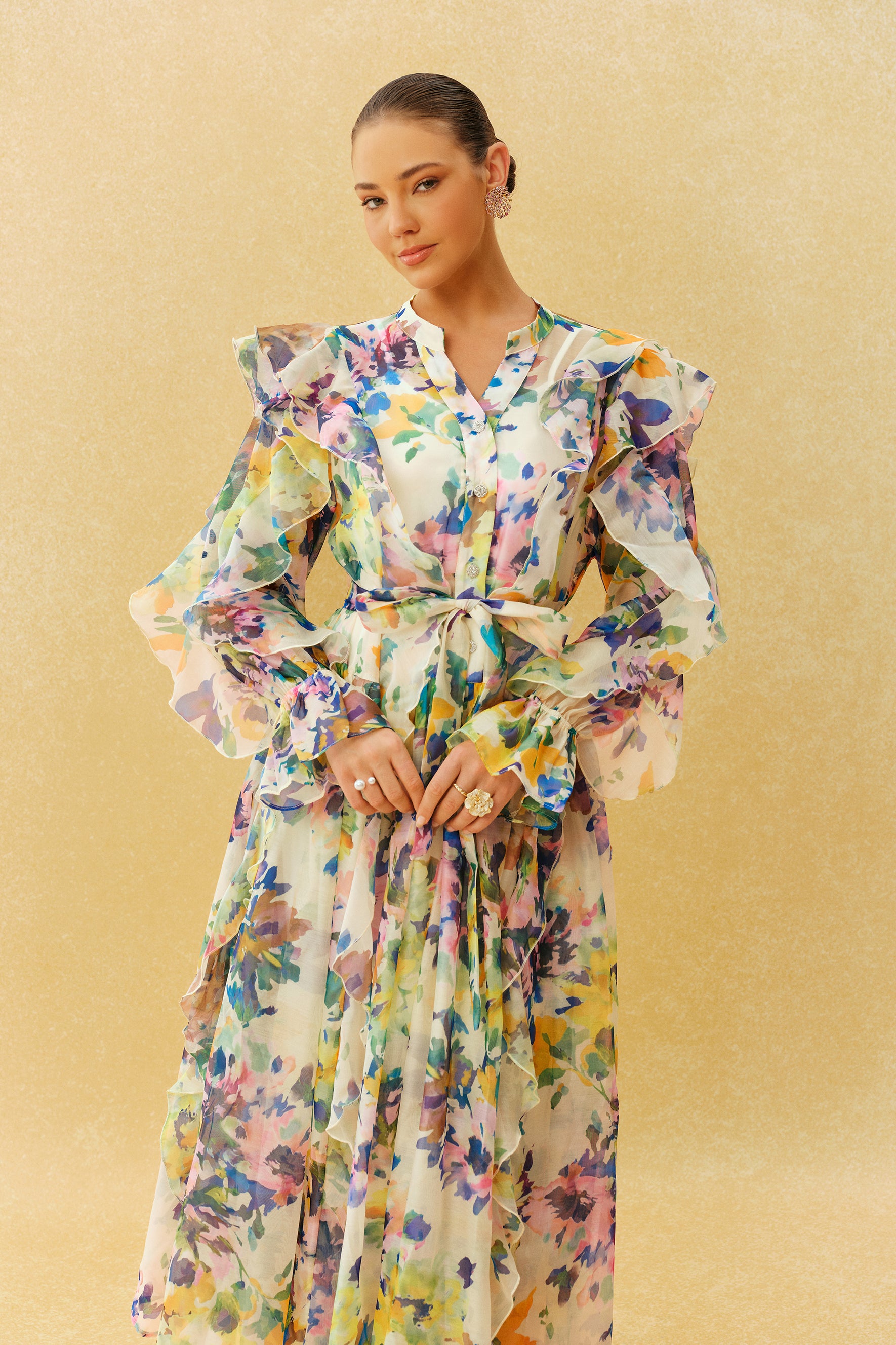 In Full Bloom Multi Floral Ruffle Long Sleeve Maxi Dress