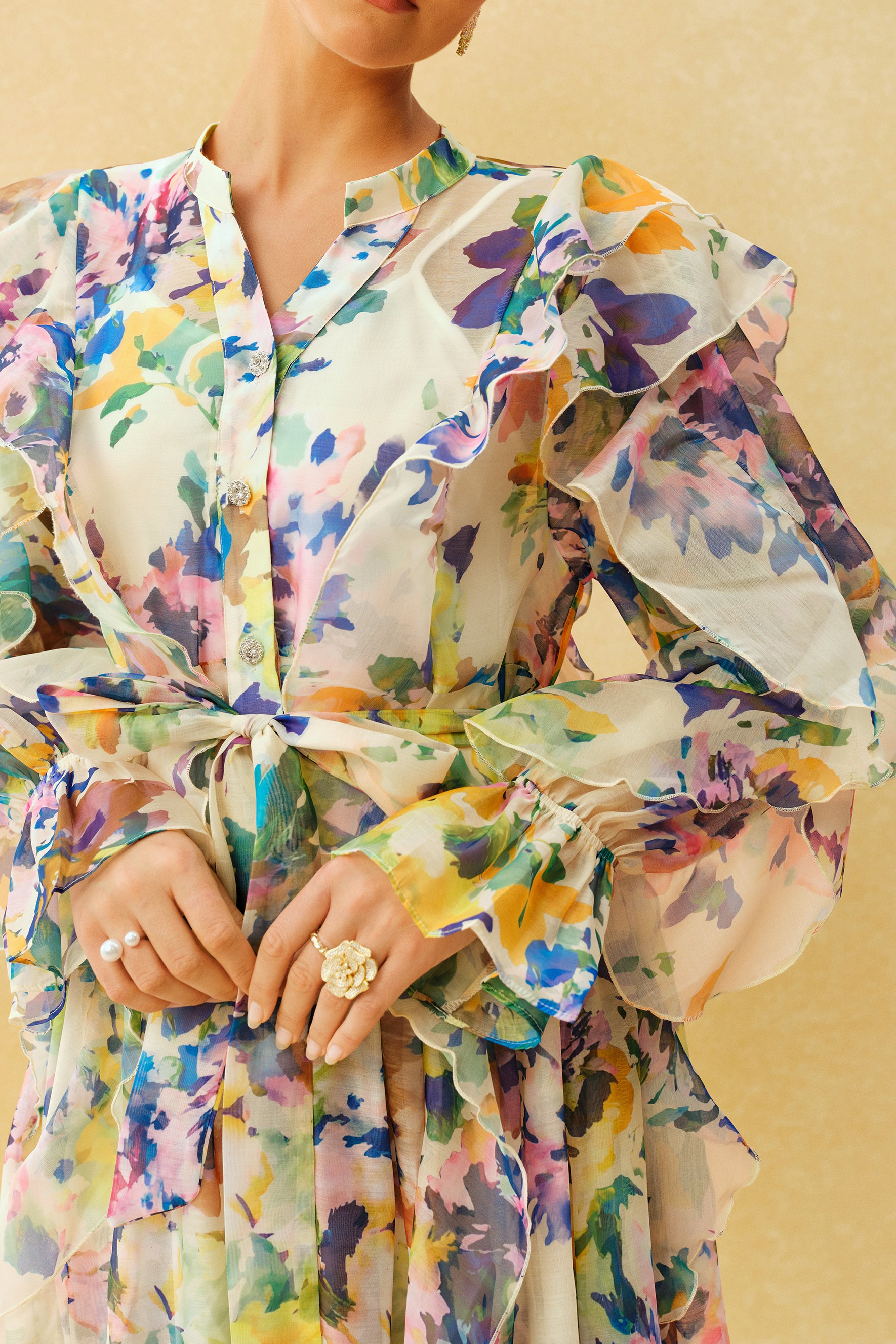 In Full Bloom Multi Floral Ruffle Long Sleeve Maxi Dress