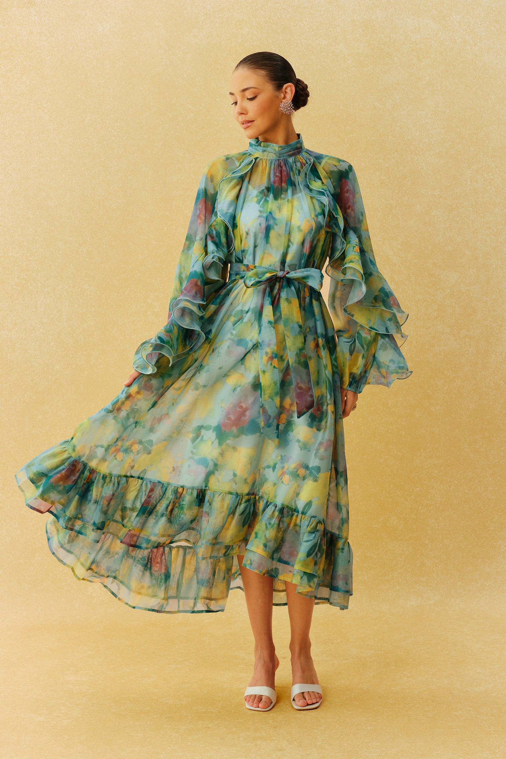 Somewhere Beautiful Green Printed High Neck Ruffle Sleeve Midi Dress
