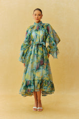 Somewhere Beautiful Green Printed High Neck Ruffle Sleeve Midi Dress