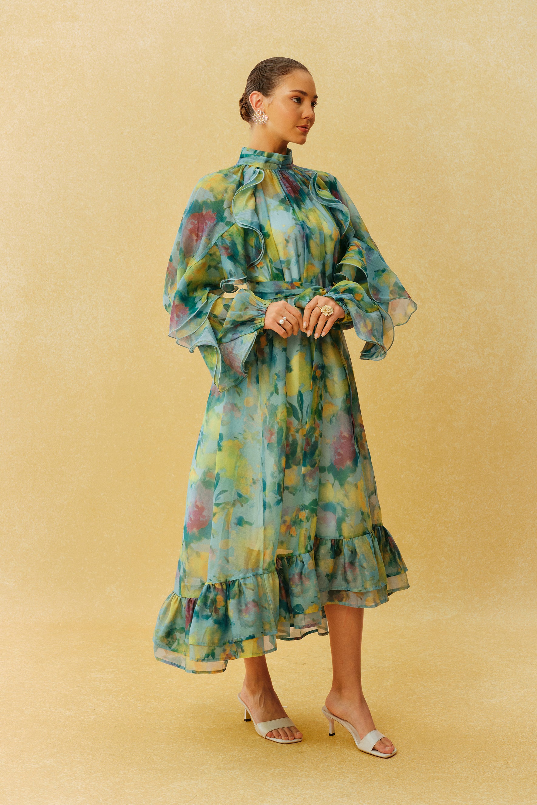 Somewhere Beautiful Green Printed High Neck Ruffle Sleeve Midi Dress