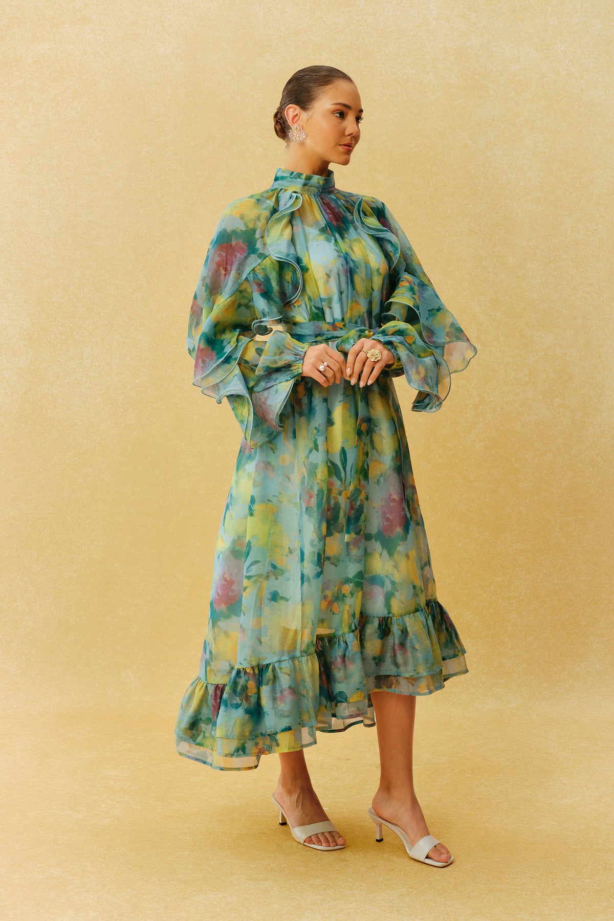 Somewhere Beautiful Green Printed High Neck Ruffle Sleeve Midi Dress