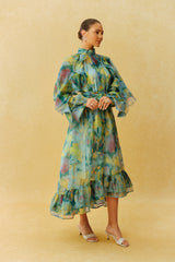 Somewhere Beautiful Green Printed High Neck Ruffle Sleeve Midi Dress