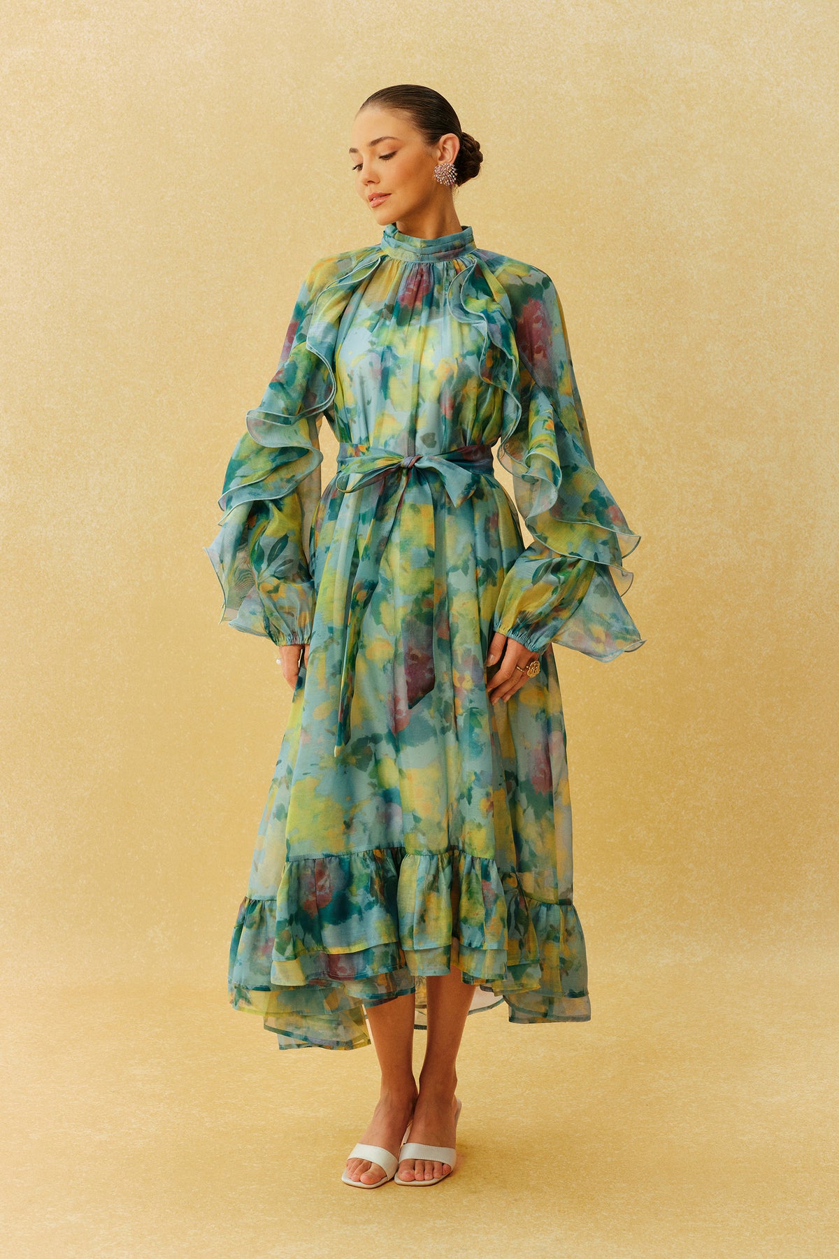 Somewhere Beautiful Green Printed High Neck Ruffle Sleeve Midi Dress