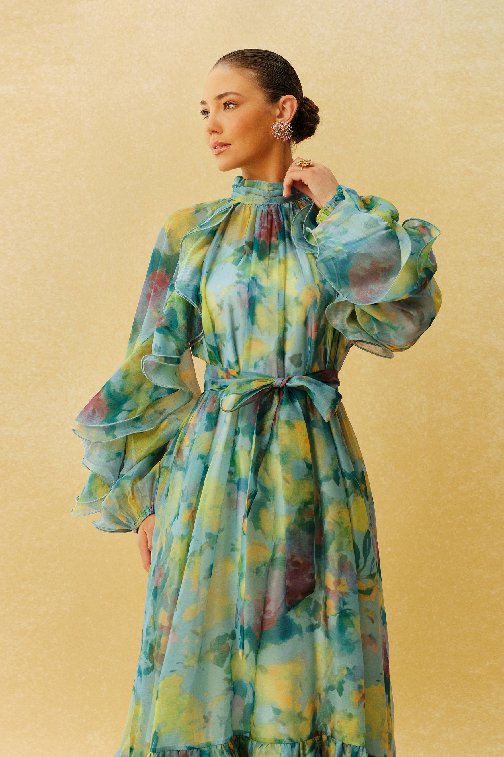 Somewhere Beautiful Green Printed High Neck Ruffle Sleeve Midi Dress