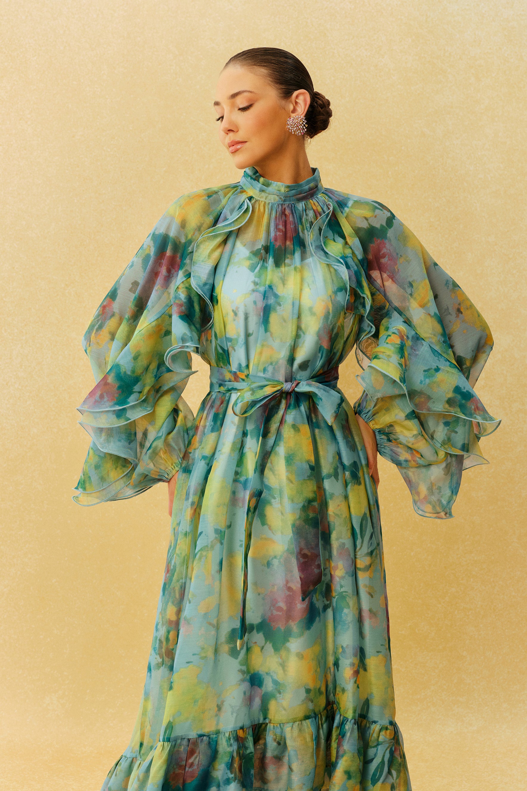 Somewhere Beautiful Green Printed High Neck Ruffle Sleeve Midi Dress