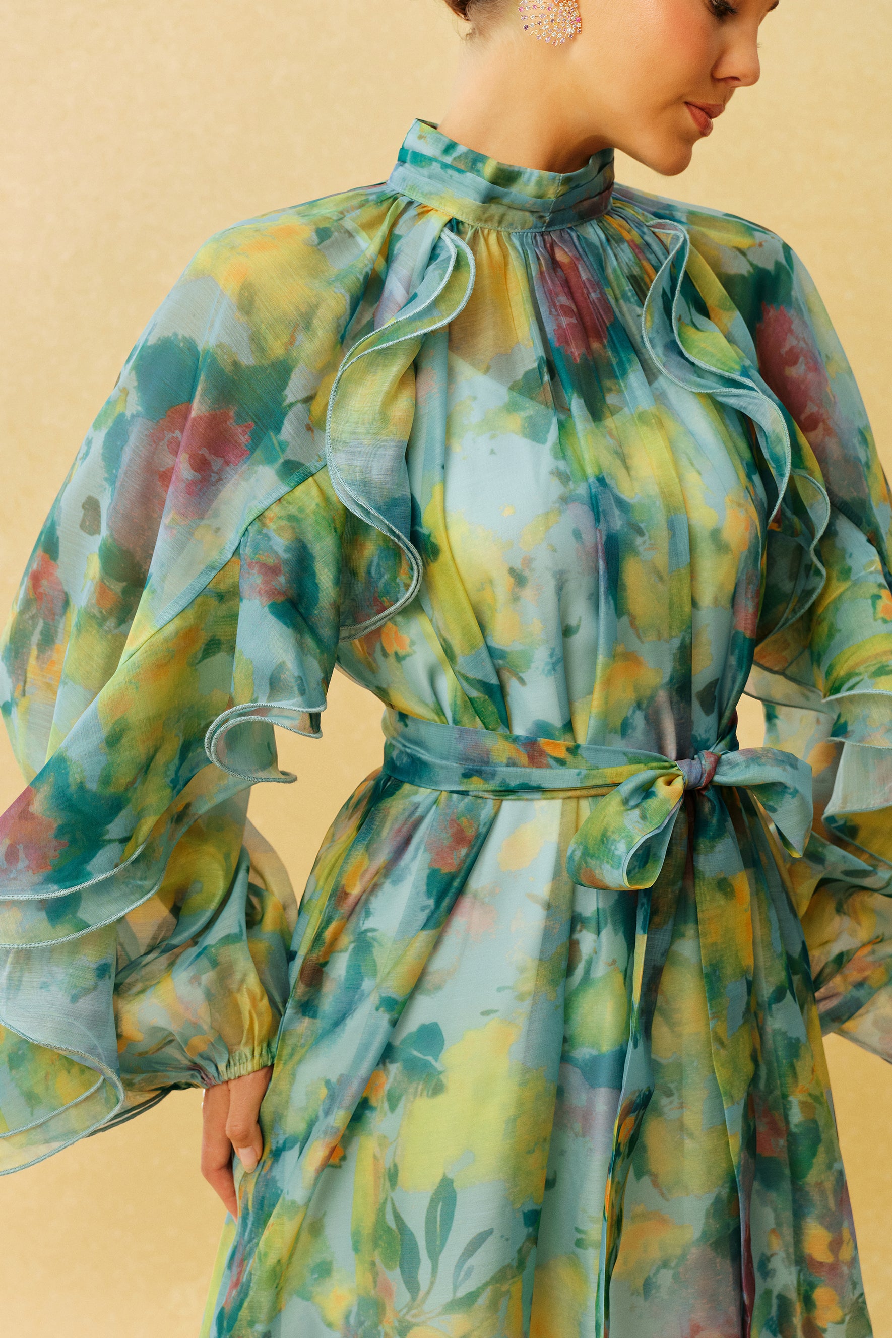 Somewhere Beautiful Green Printed High Neck Ruffle Sleeve Midi Dress