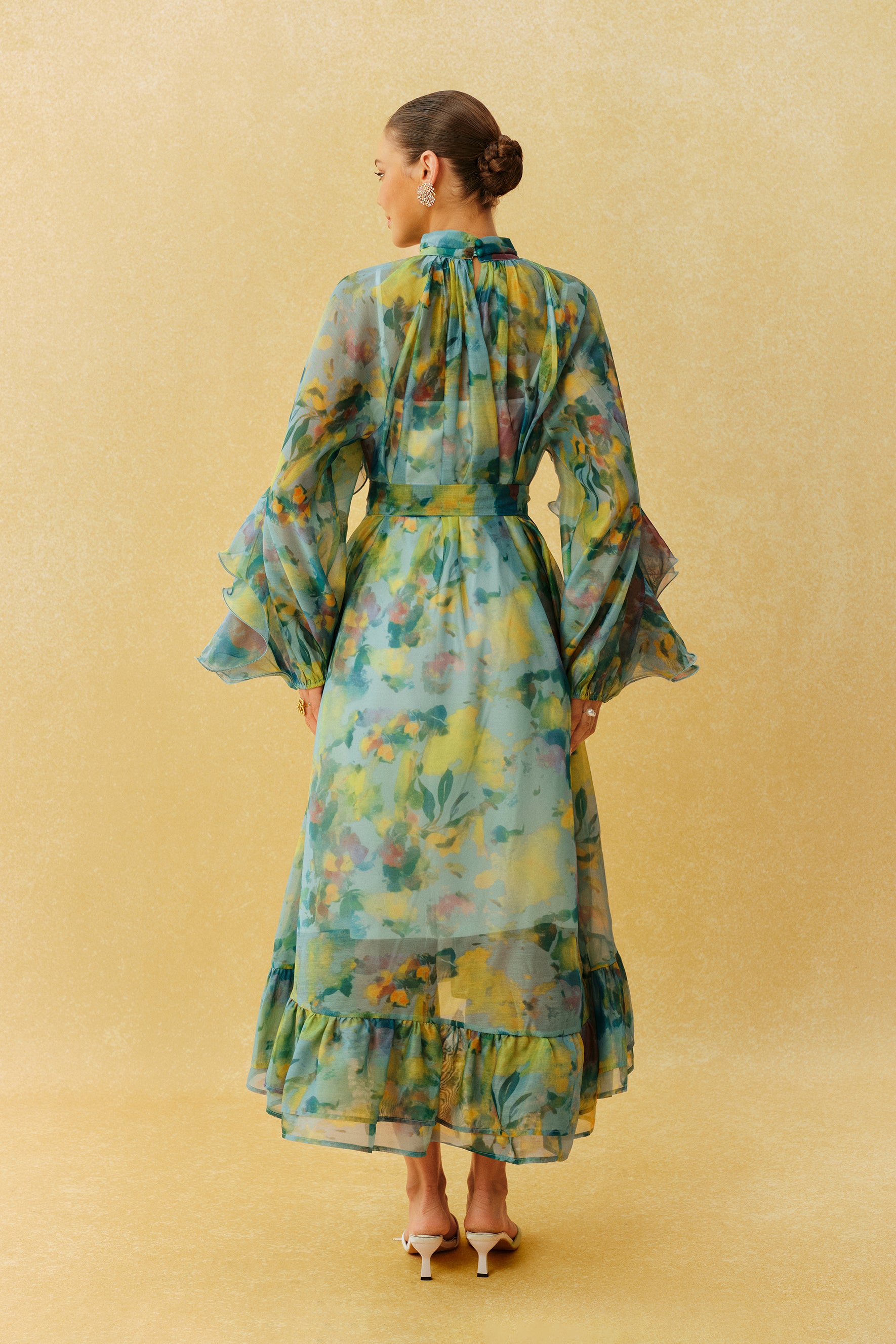 Somewhere Beautiful Green Printed High Neck Ruffle Sleeve Midi Dress
