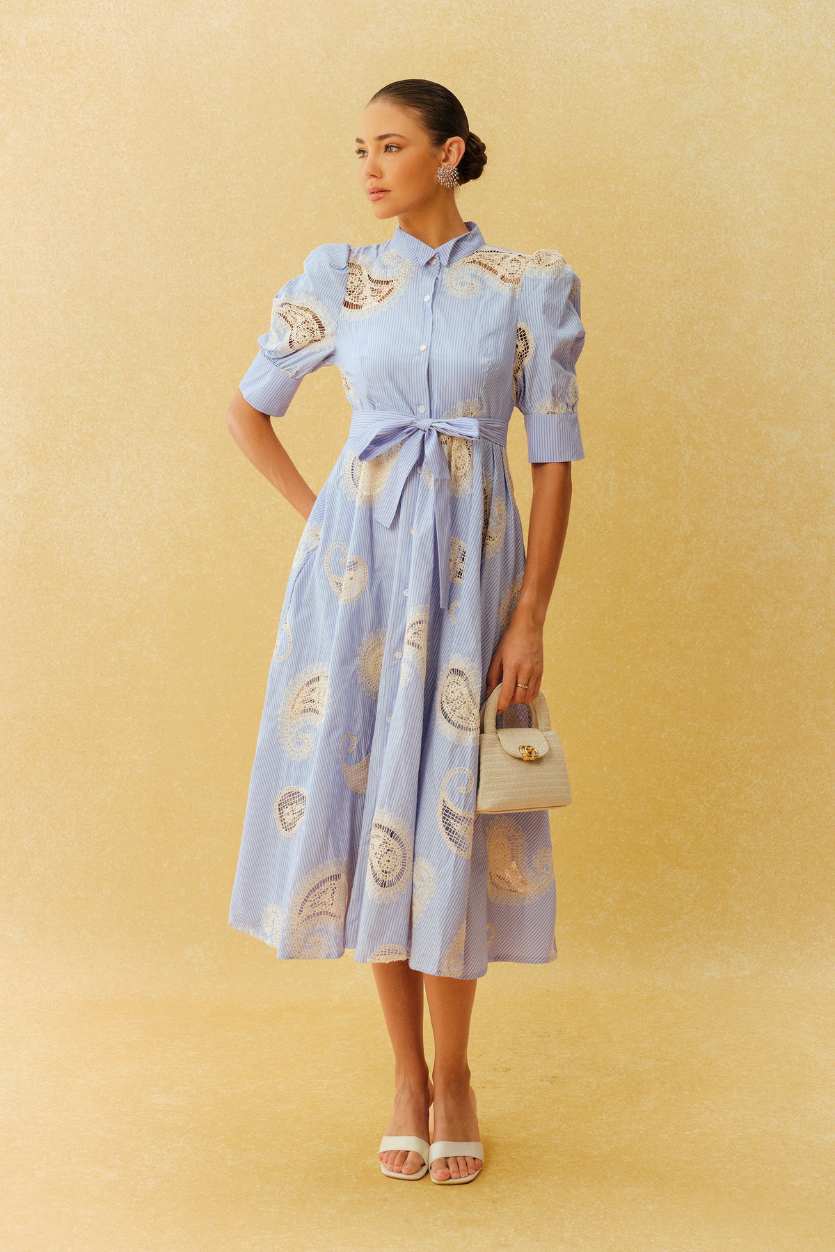 Slow Living Blue Striped Paisley Print Short Sleeve Midi Dress