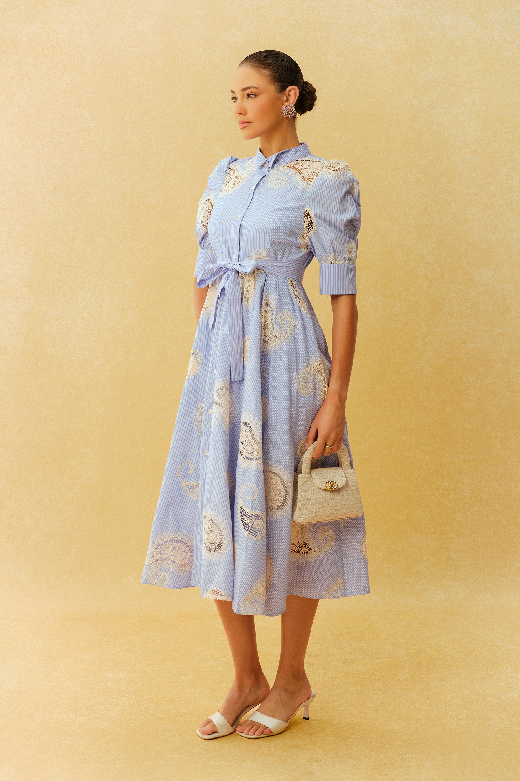 Slow Living Blue Striped Paisley Print Short Sleeve Midi Dress