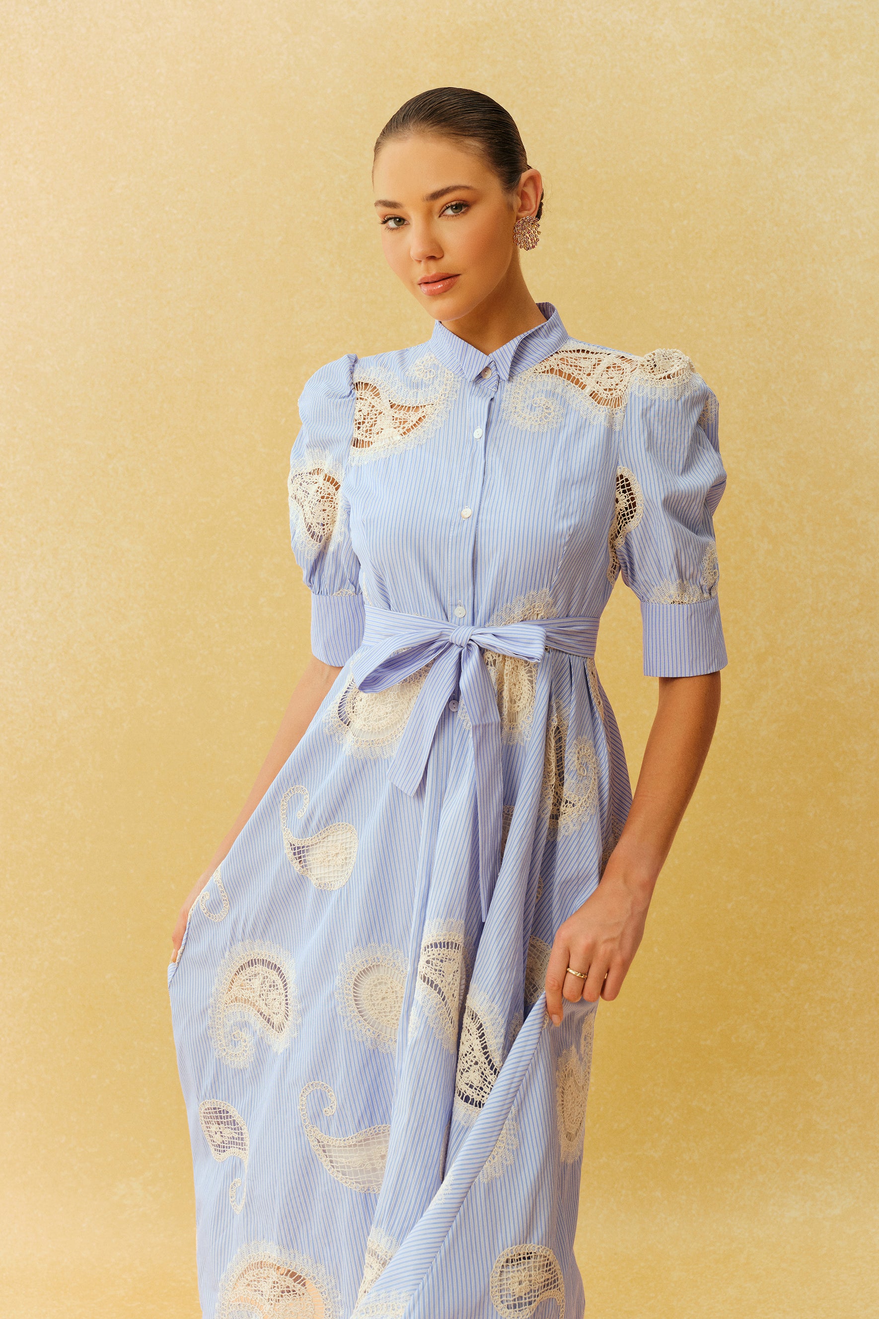 Slow Living Blue Striped Paisley Print Short Sleeve Midi Dress