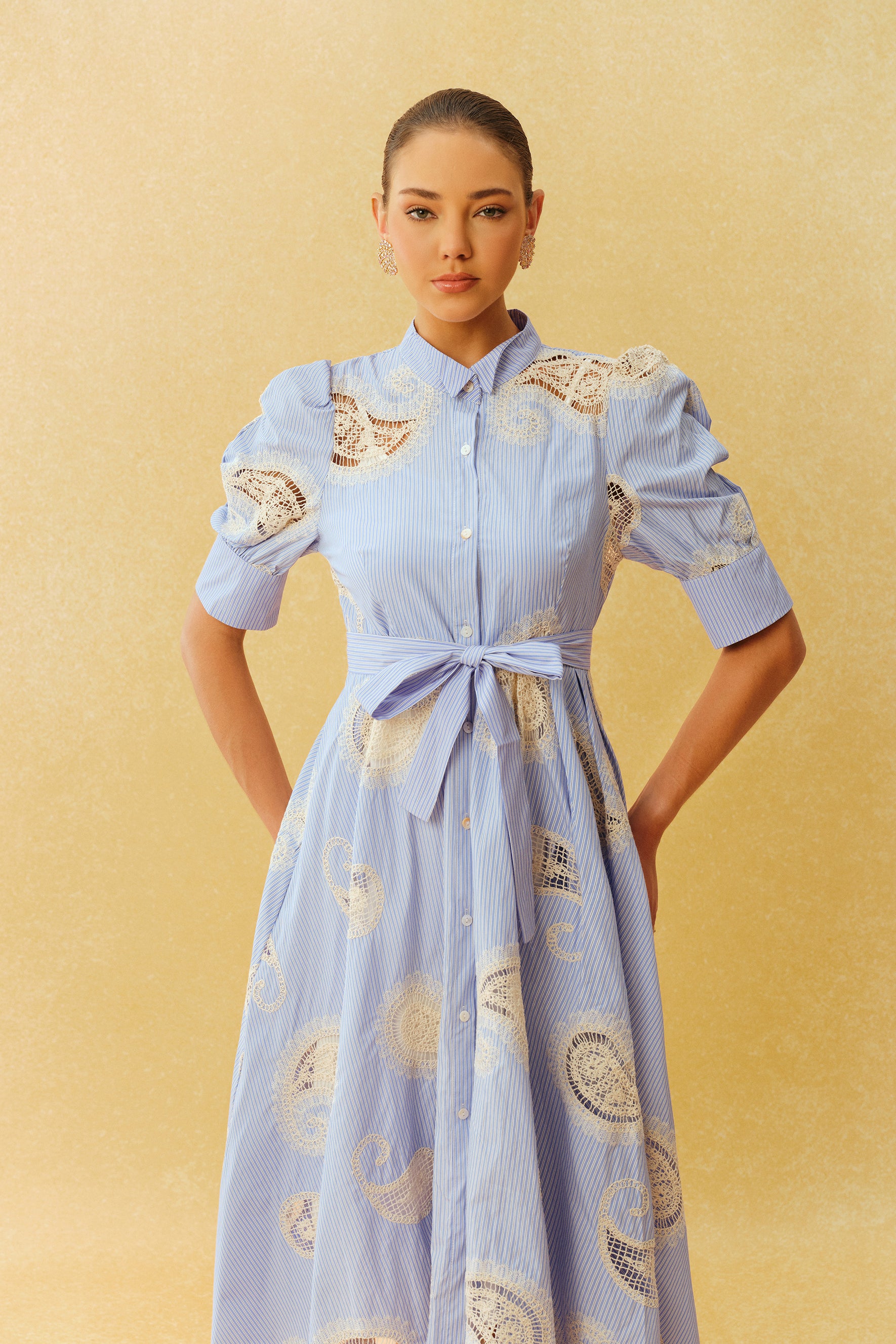 Slow Living Blue Striped Paisley Print Short Sleeve Midi Dress