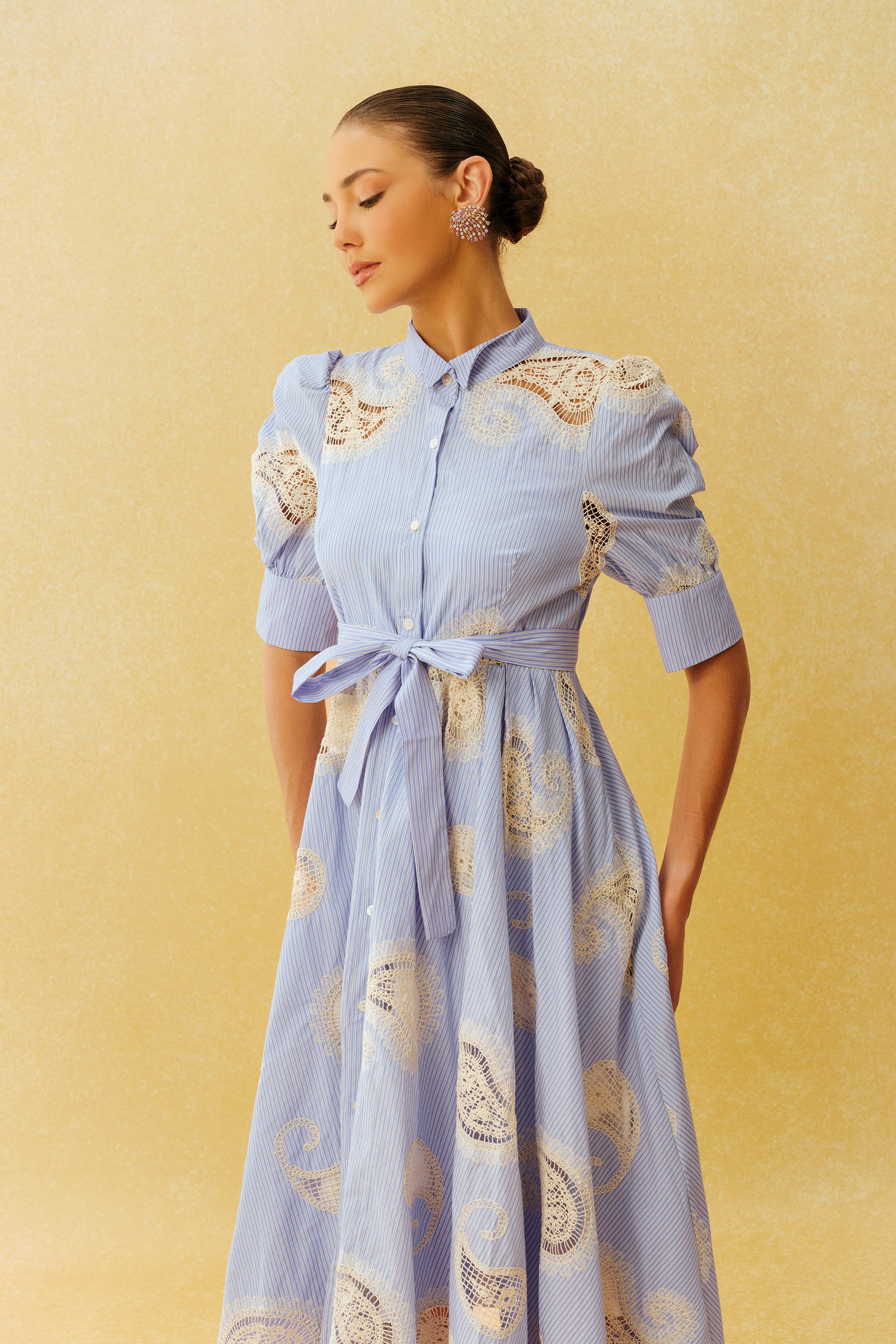 Slow Living Blue Striped Paisley Print Short Sleeve Midi Dress