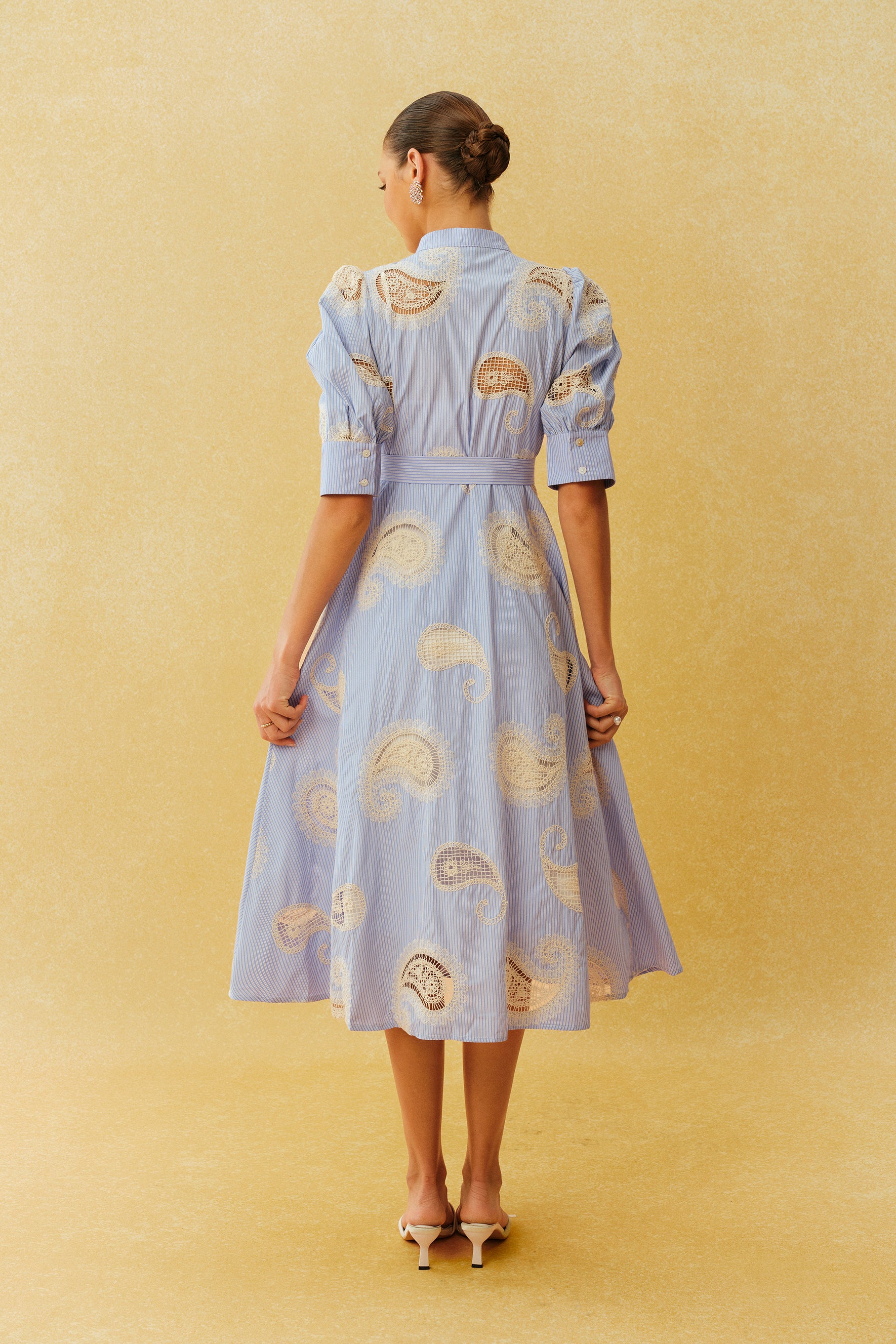 Slow Living Blue Striped Paisley Print Short Sleeve Midi Dress