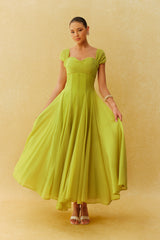 Little Moment Green Cap Sleeve Pleated Bodice Maxi Dress