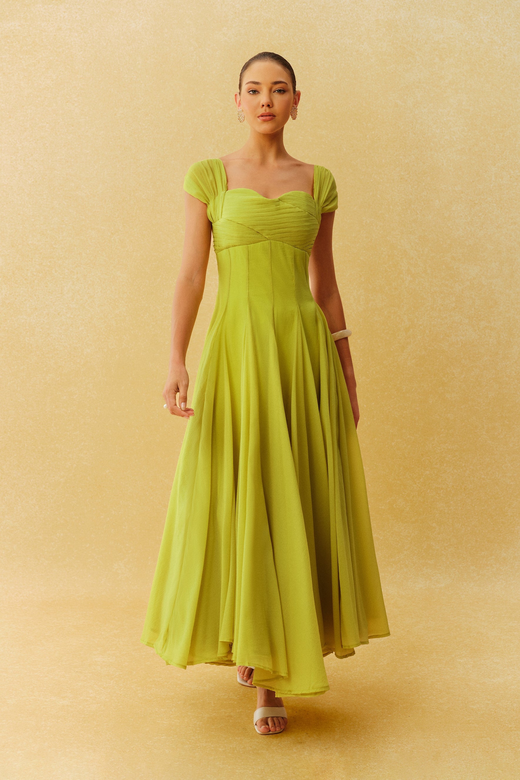 Little Moment Green Cap Sleeve Pleated Bodice Maxi Dress