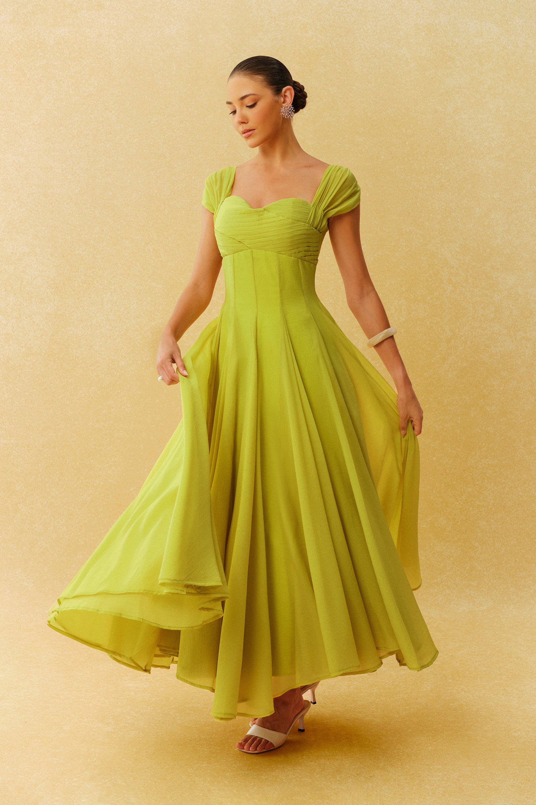 Little Moment Green Cap Sleeve Pleated Bodice Maxi Dress
