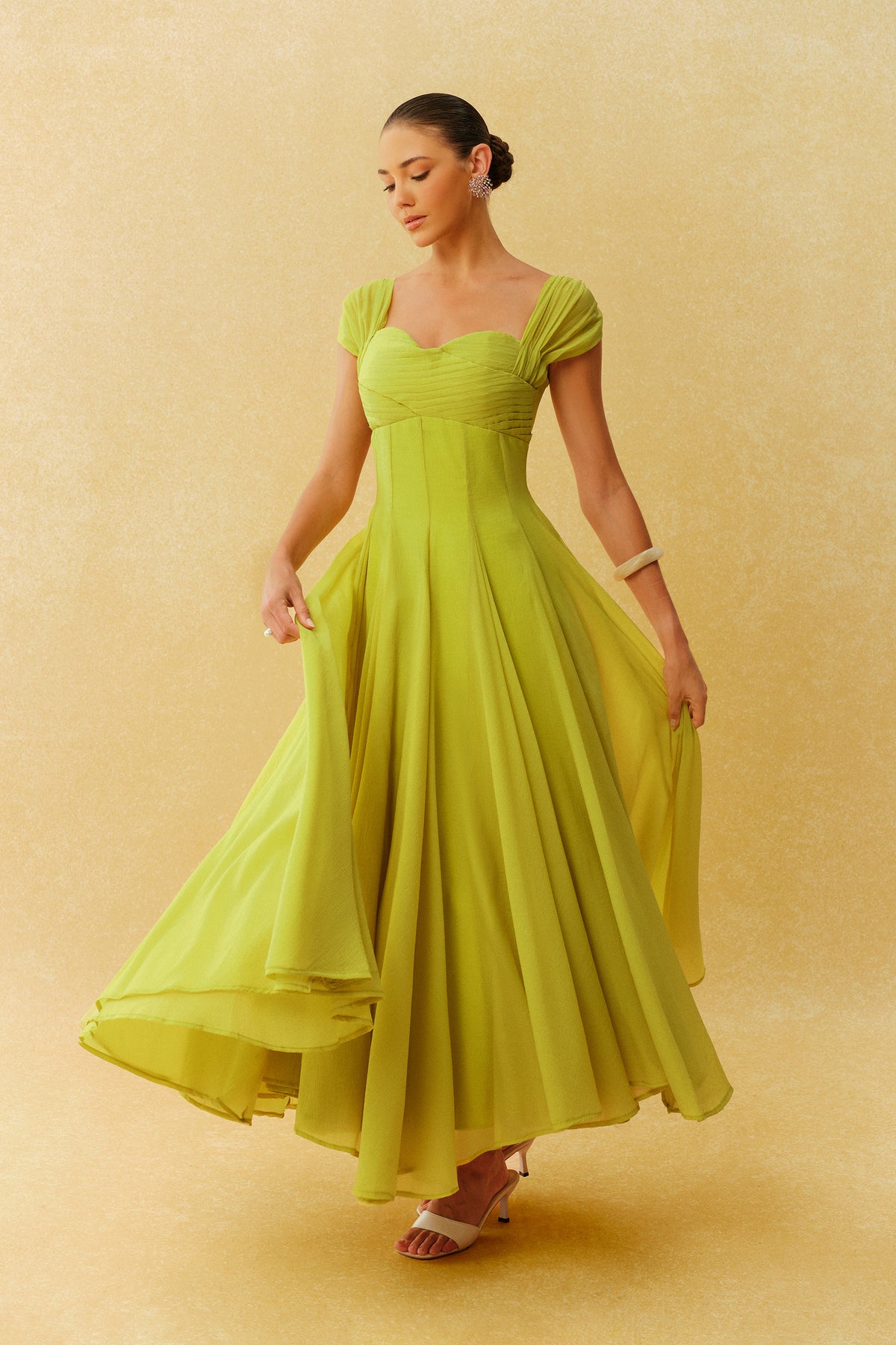 Little Moment Green Cap Sleeve Pleated Bodice Maxi Dress