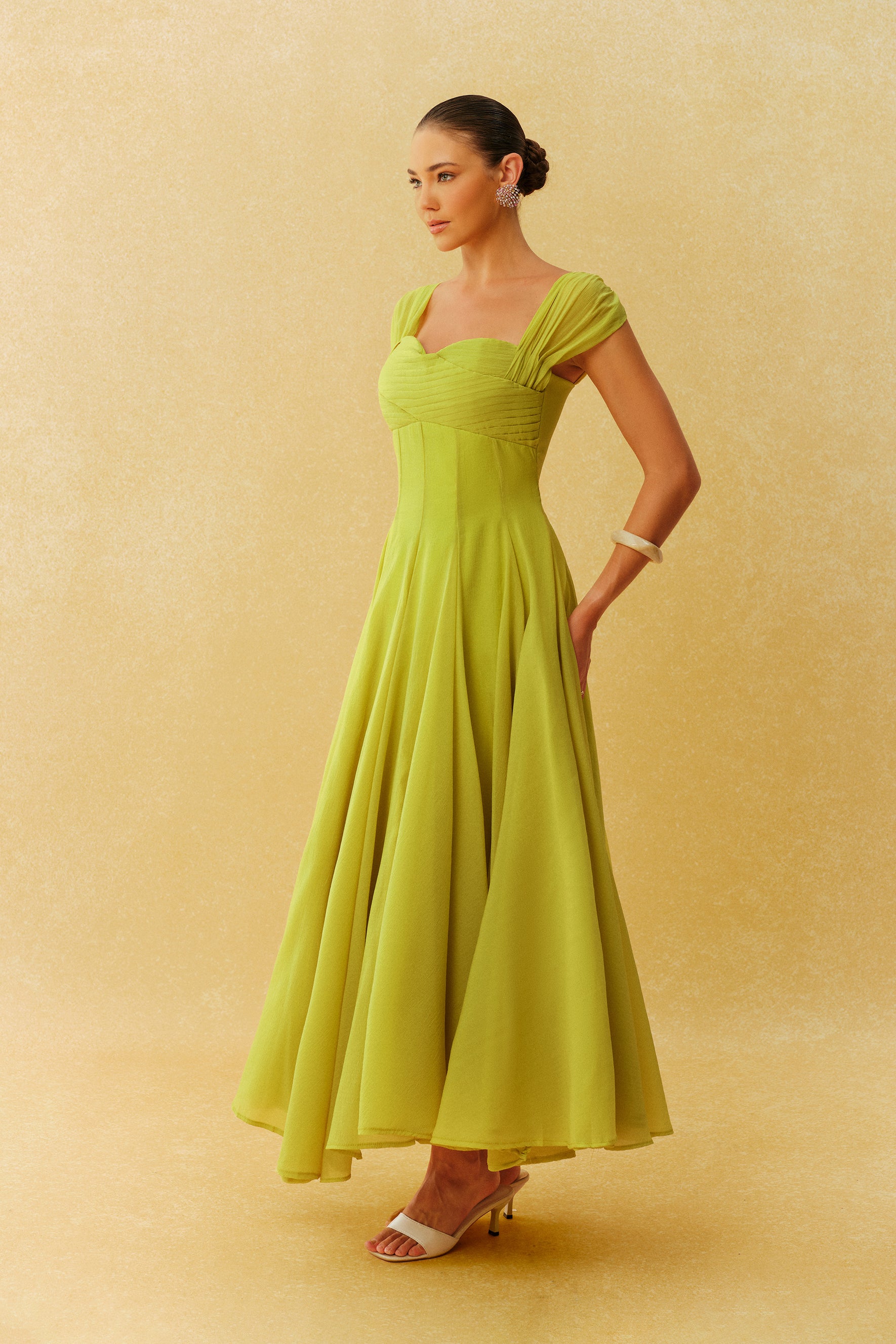 Little Moment Green Cap Sleeve Pleated Bodice Maxi Dress