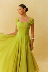 Little Moment Green Cap Sleeve Pleated Bodice Maxi Dress
