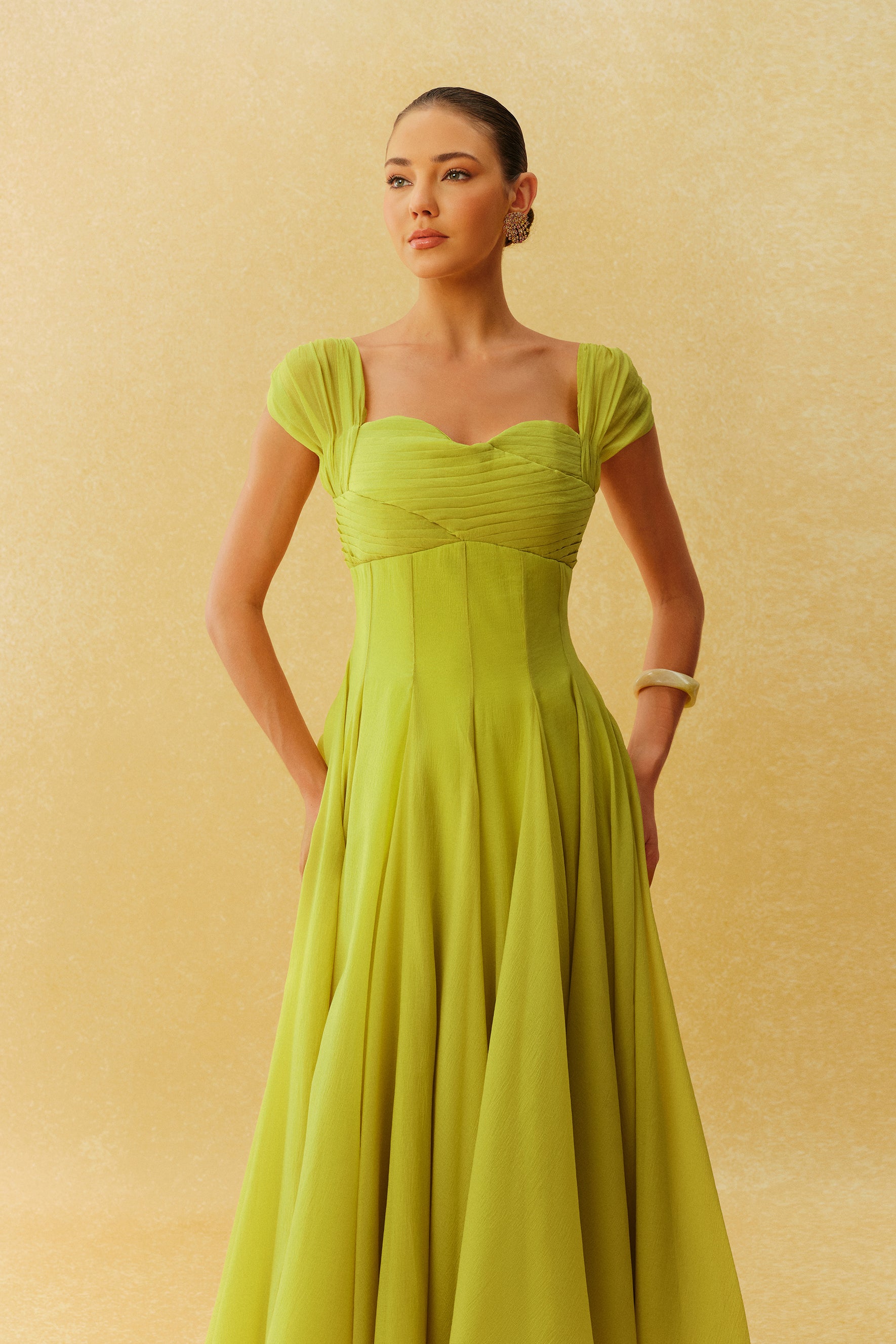 Little Moment Green Cap Sleeve Pleated Bodice Maxi Dress