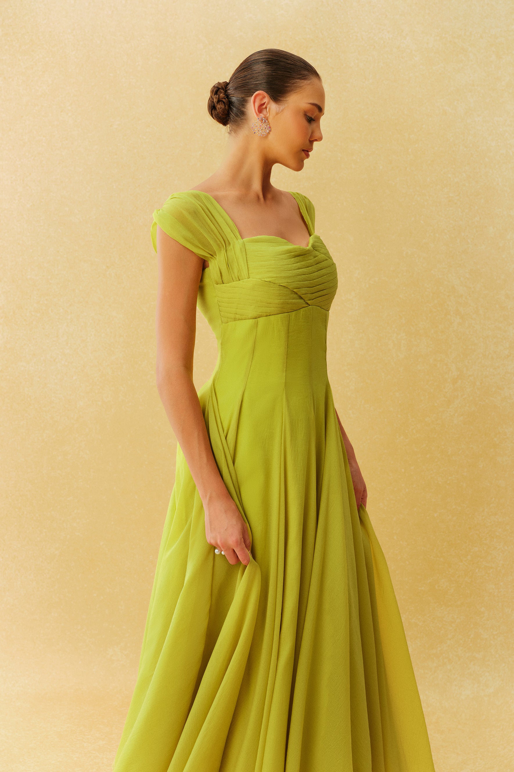 Little Moment Green Cap Sleeve Pleated Bodice Maxi Dress