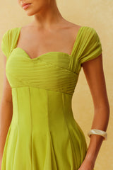 Little Moment Green Cap Sleeve Pleated Bodice Maxi Dress