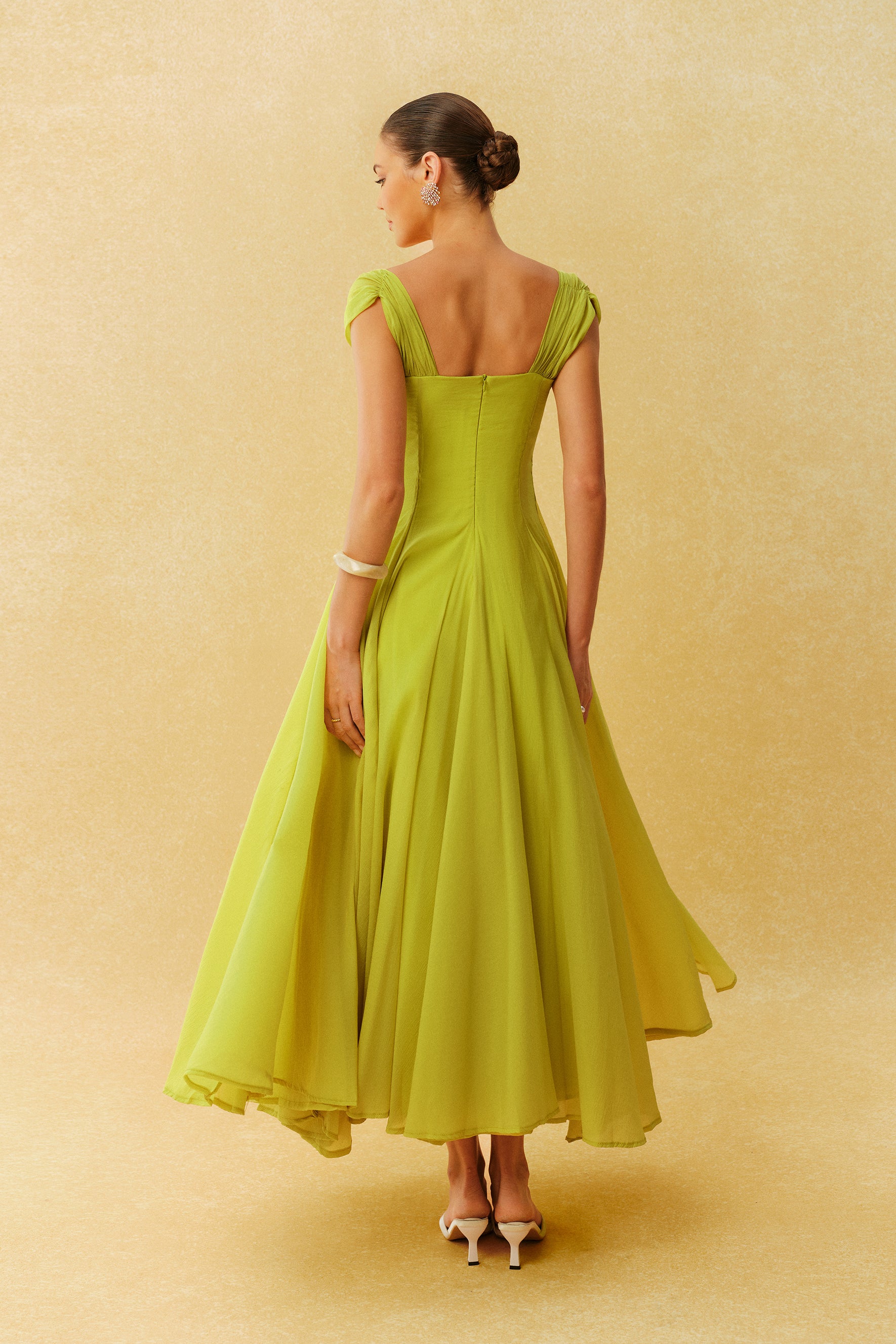 Little Moment Green Cap Sleeve Pleated Bodice Maxi Dress