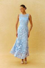Always Graceful Blue Floral Applique Sleeveless Maxi Dress