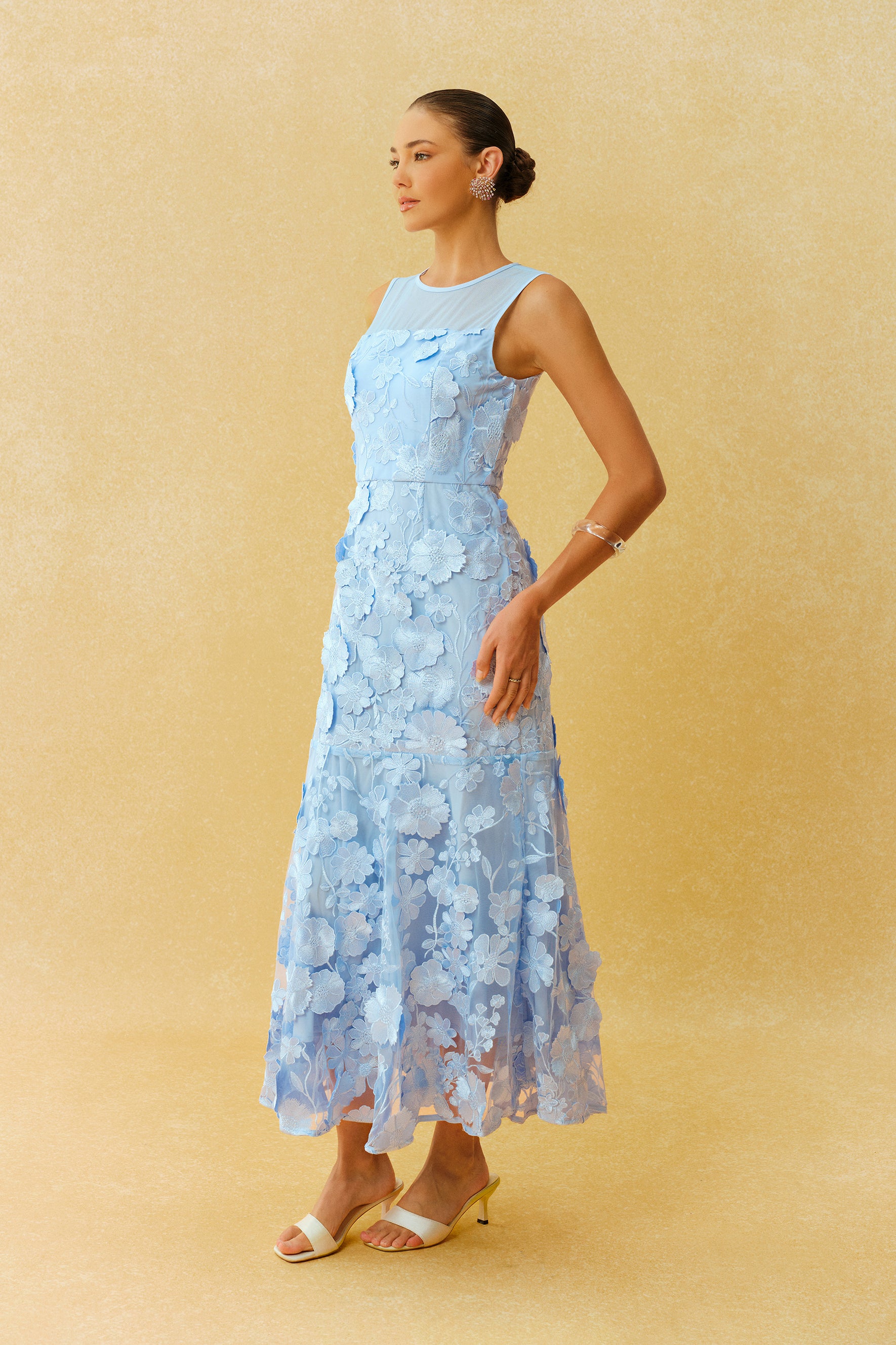 Always Graceful Blue Floral Applique Sleeveless Maxi Dress