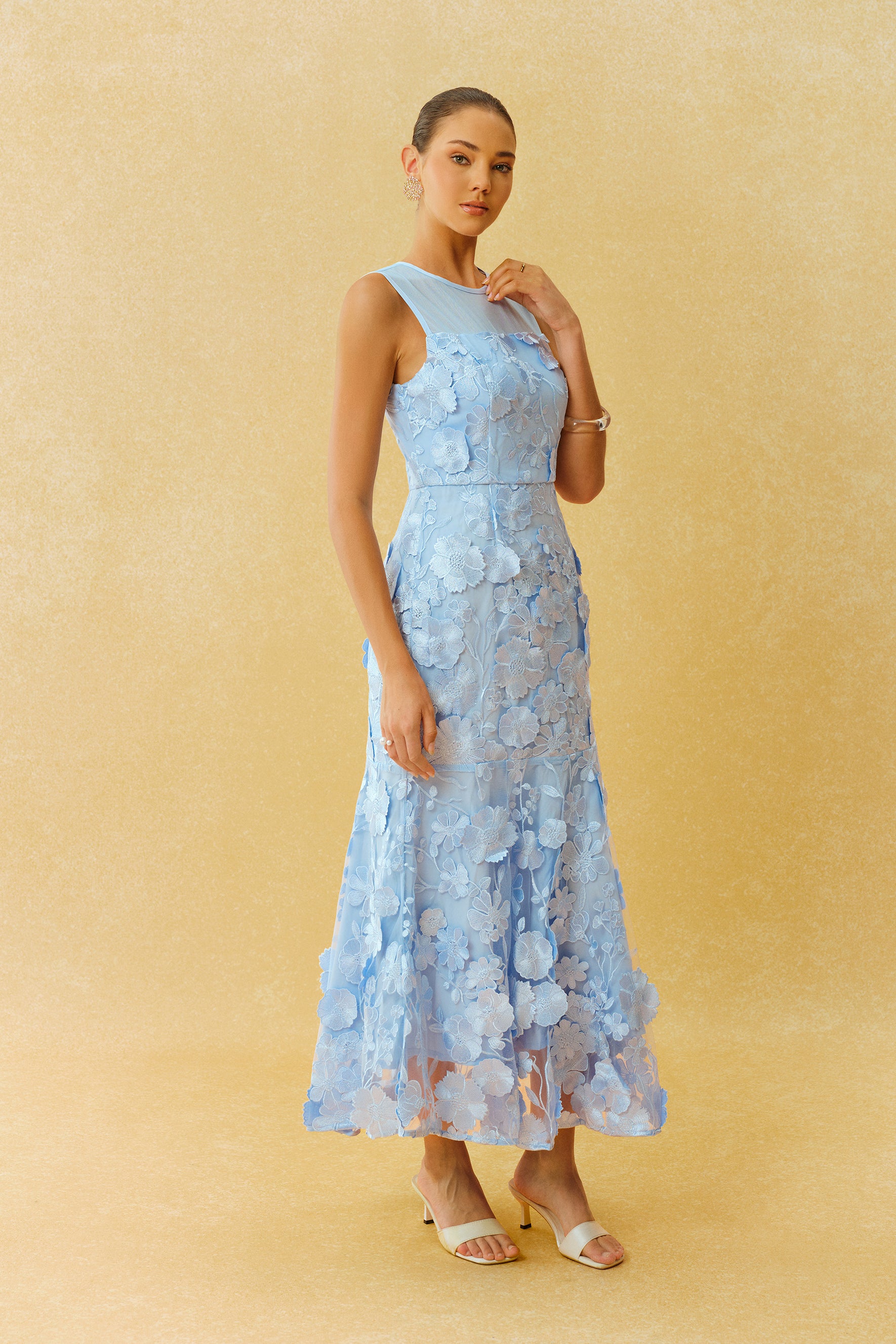 Always Graceful Blue Floral Applique Sleeveless Maxi Dress