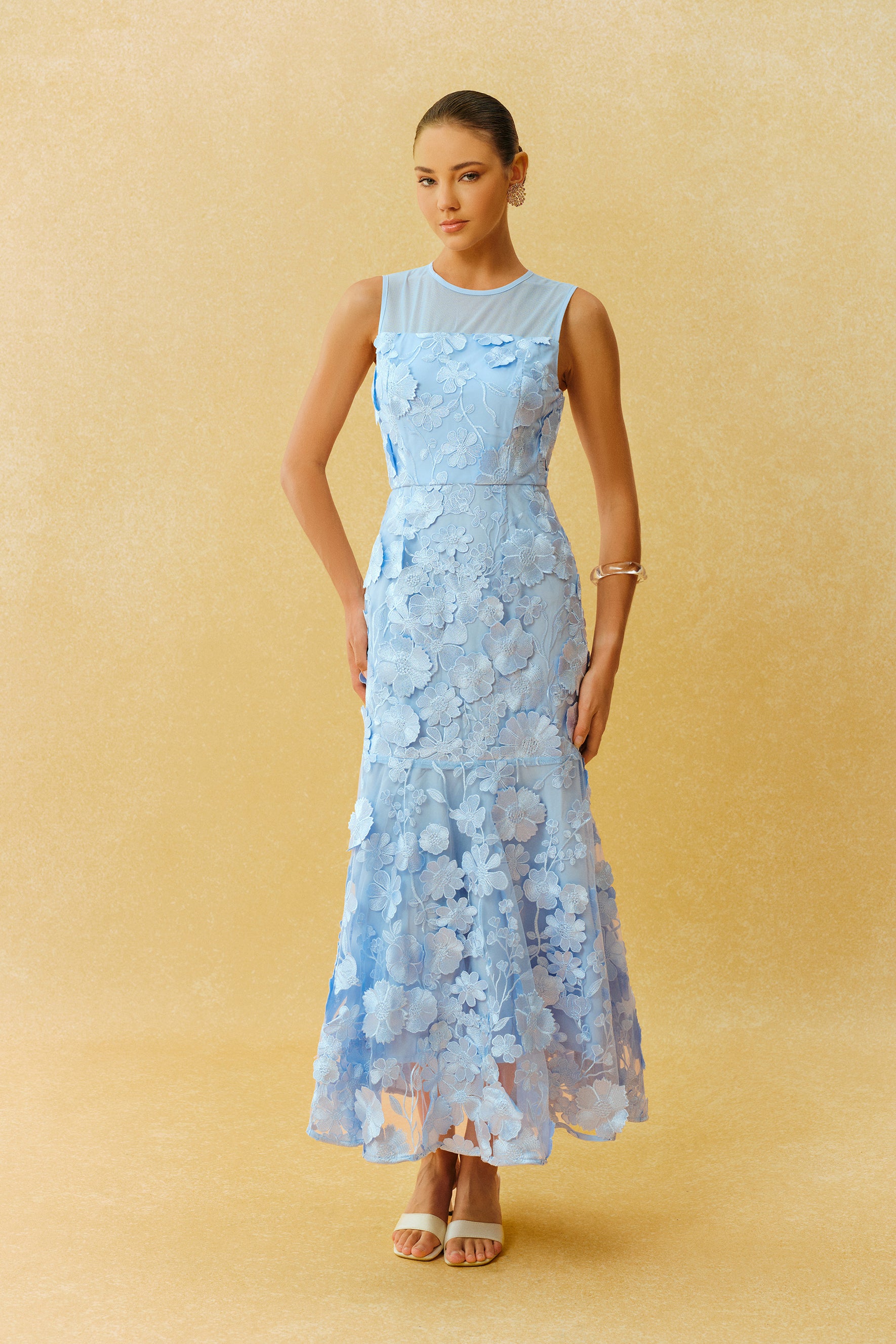 Always Graceful Blue Floral Applique Sleeveless Maxi Dress