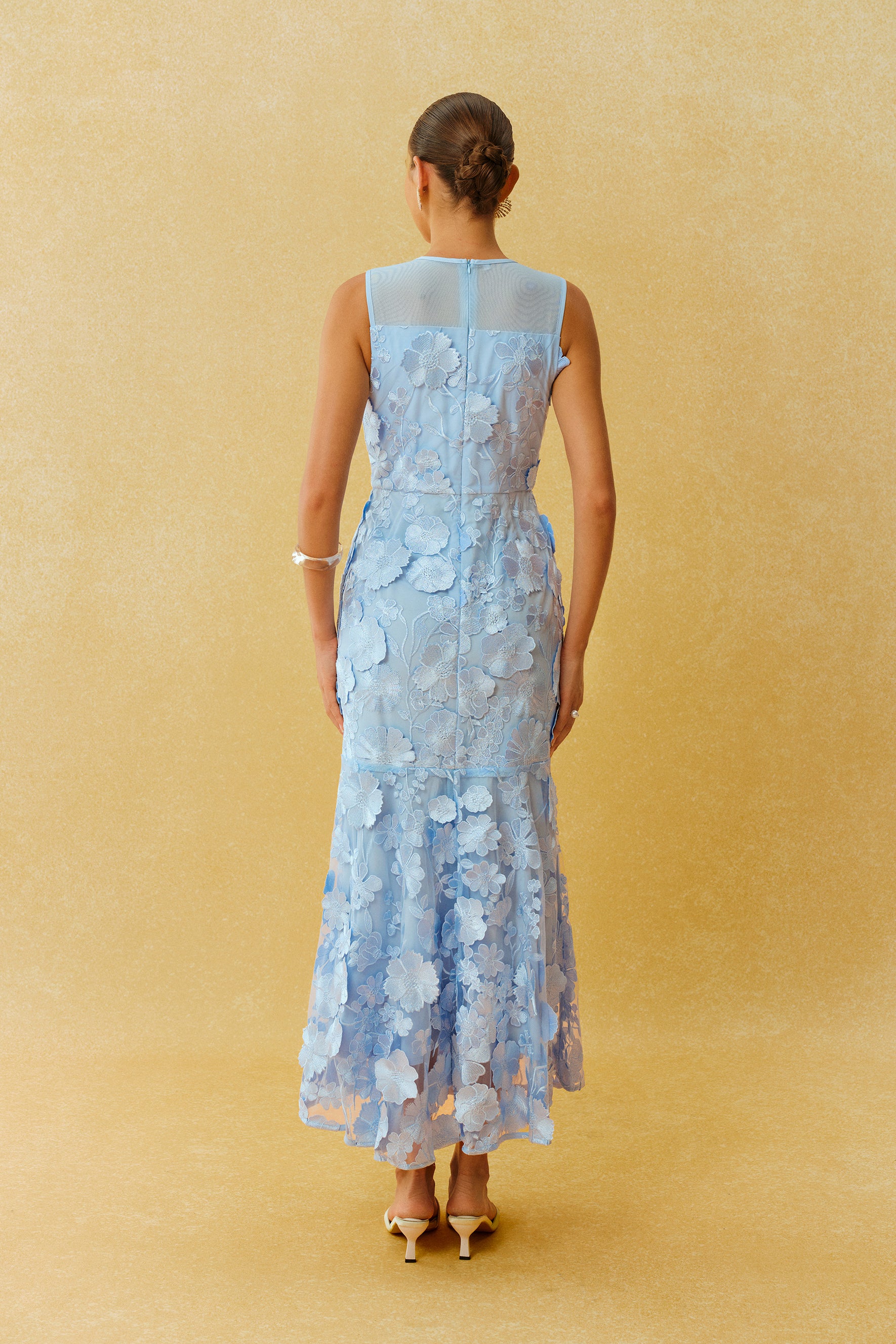 Always Graceful Blue Floral Applique Sleeveless Maxi Dress