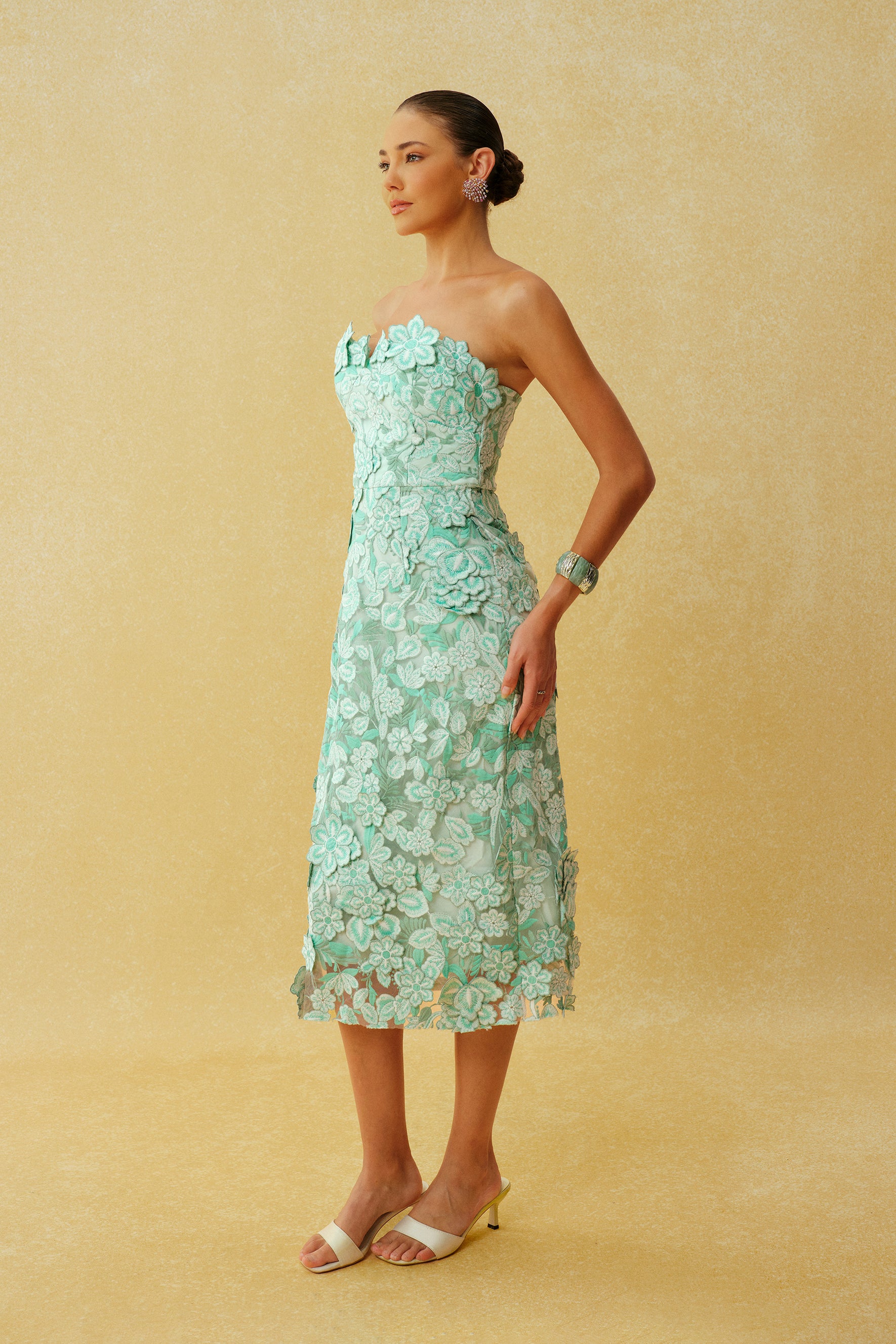 Special Invite Mint Green Strapless Floral Embroidery Midi Dress