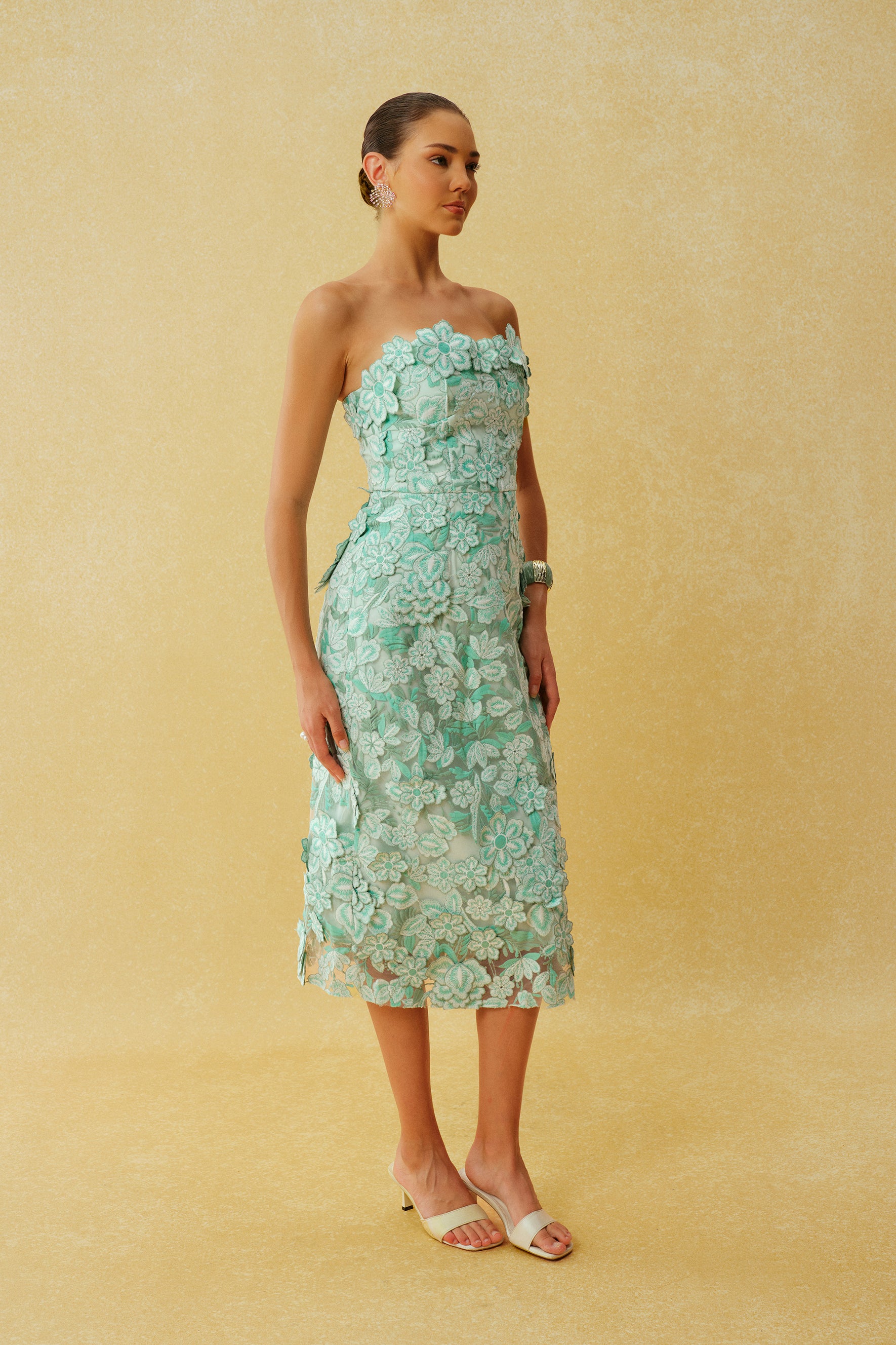 Special Invite Mint Green Strapless Floral Embroidery Midi Dress