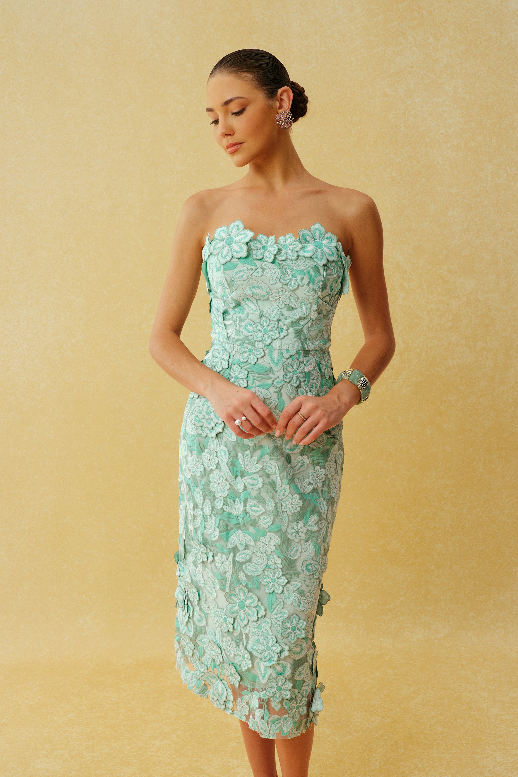 Special Invite Mint Green Strapless Floral Embroidery Midi Dress