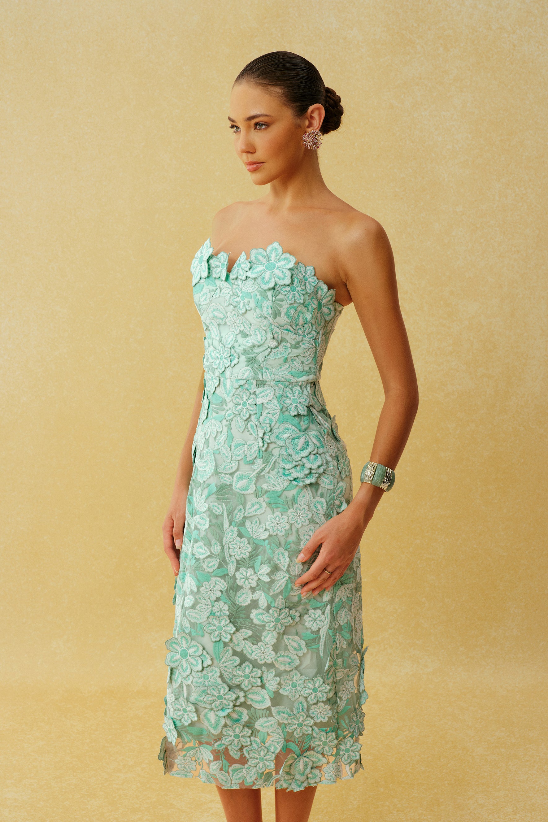Special Invite Mint Green Strapless Floral Embroidery Midi Dress