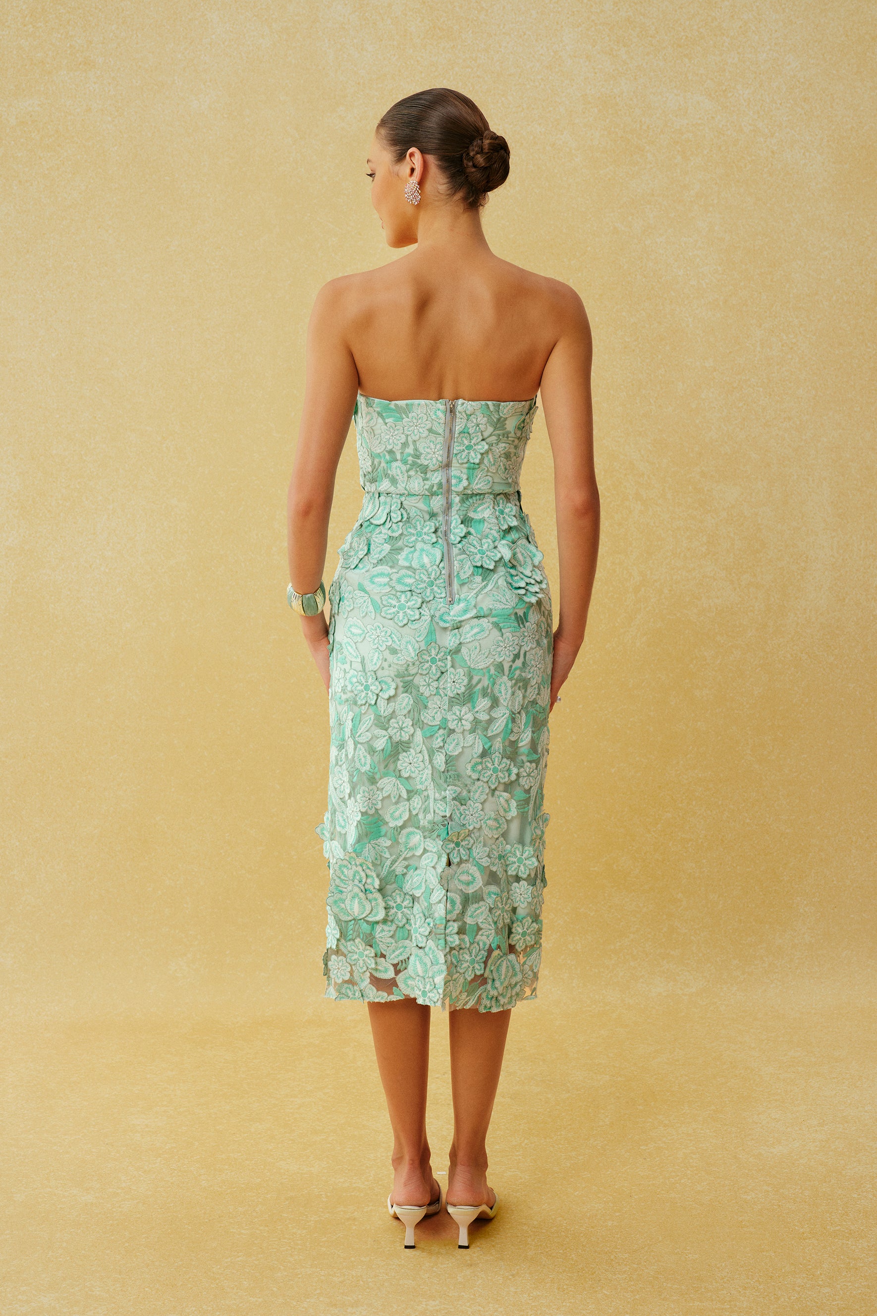 Special Invite Mint Green Strapless Floral Embroidery Midi Dress