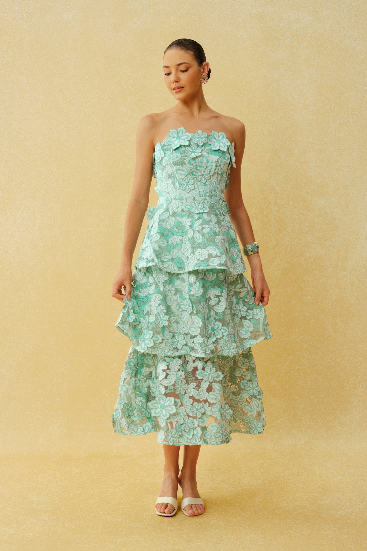Almost Perfect Mint Green Strapless Floral Embroidery Tiered Midi Dress