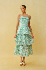 Almost Perfect Mint Green Strapless Floral Embroidery Tiered Midi Dress