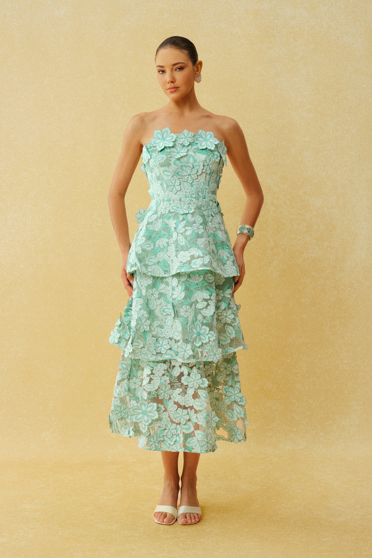 Almost Perfect Mint Green Strapless Floral Embroidery Tiered Midi Dress