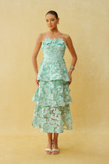 Almost Perfect Mint Green Strapless Floral Embroidery Tiered Midi Dress