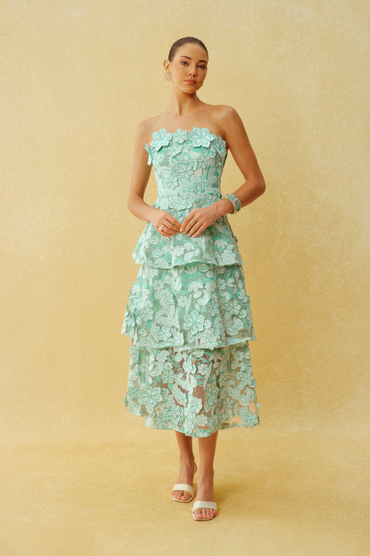 Almost Perfect Mint Green Strapless Floral Embroidery Tiered Midi Dress